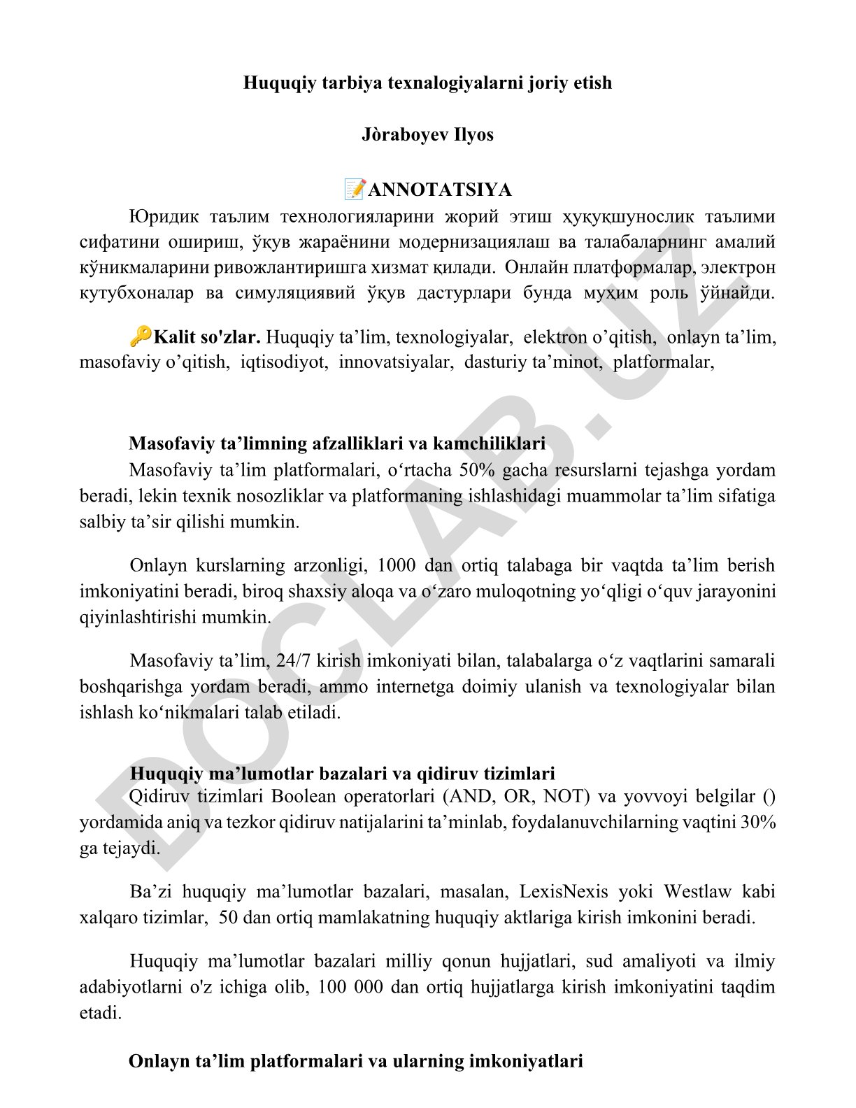 Huquqiy ta'limda texnologiyalarni joriy etish