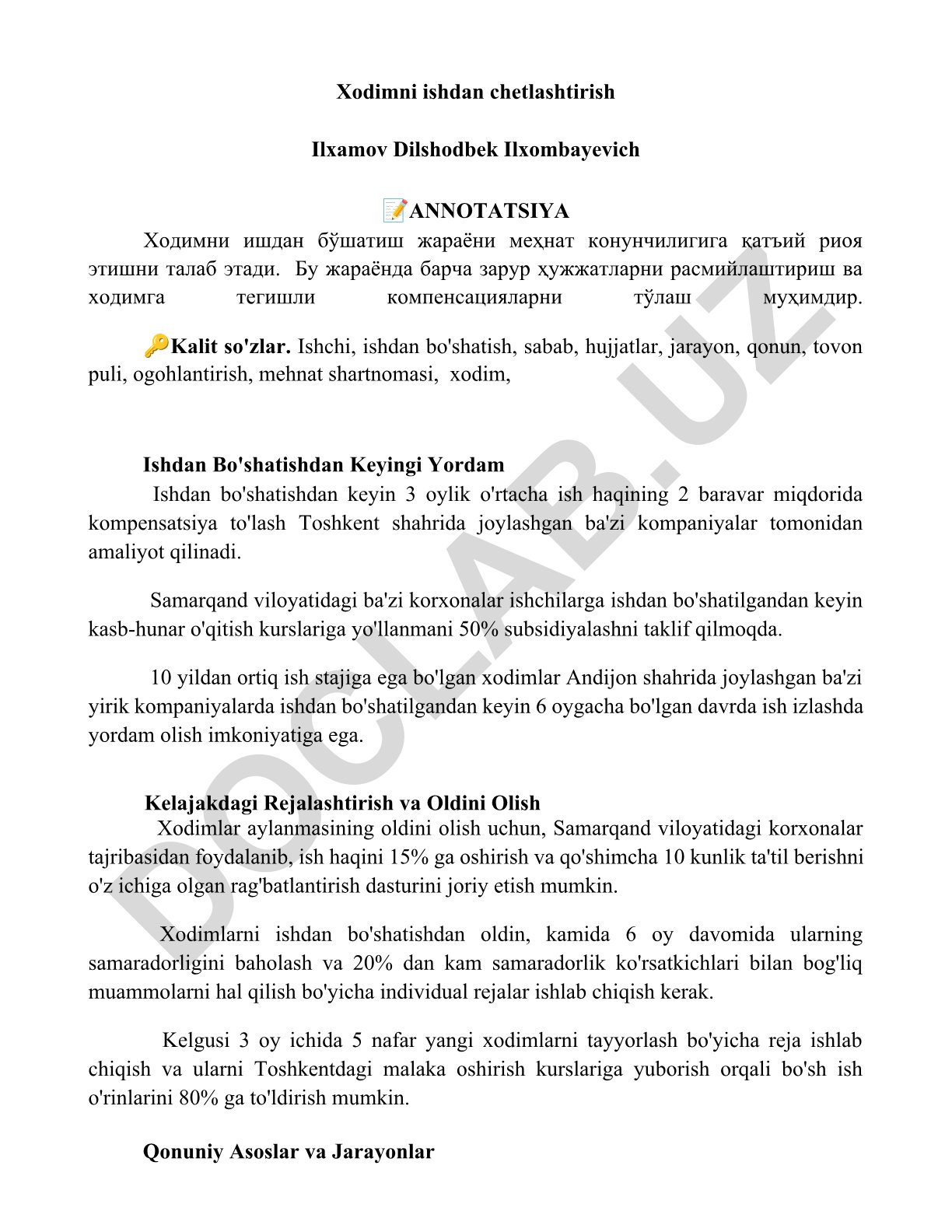 Xodimni ishdan chetlashtirish jarayoni va kompensatsiyalar