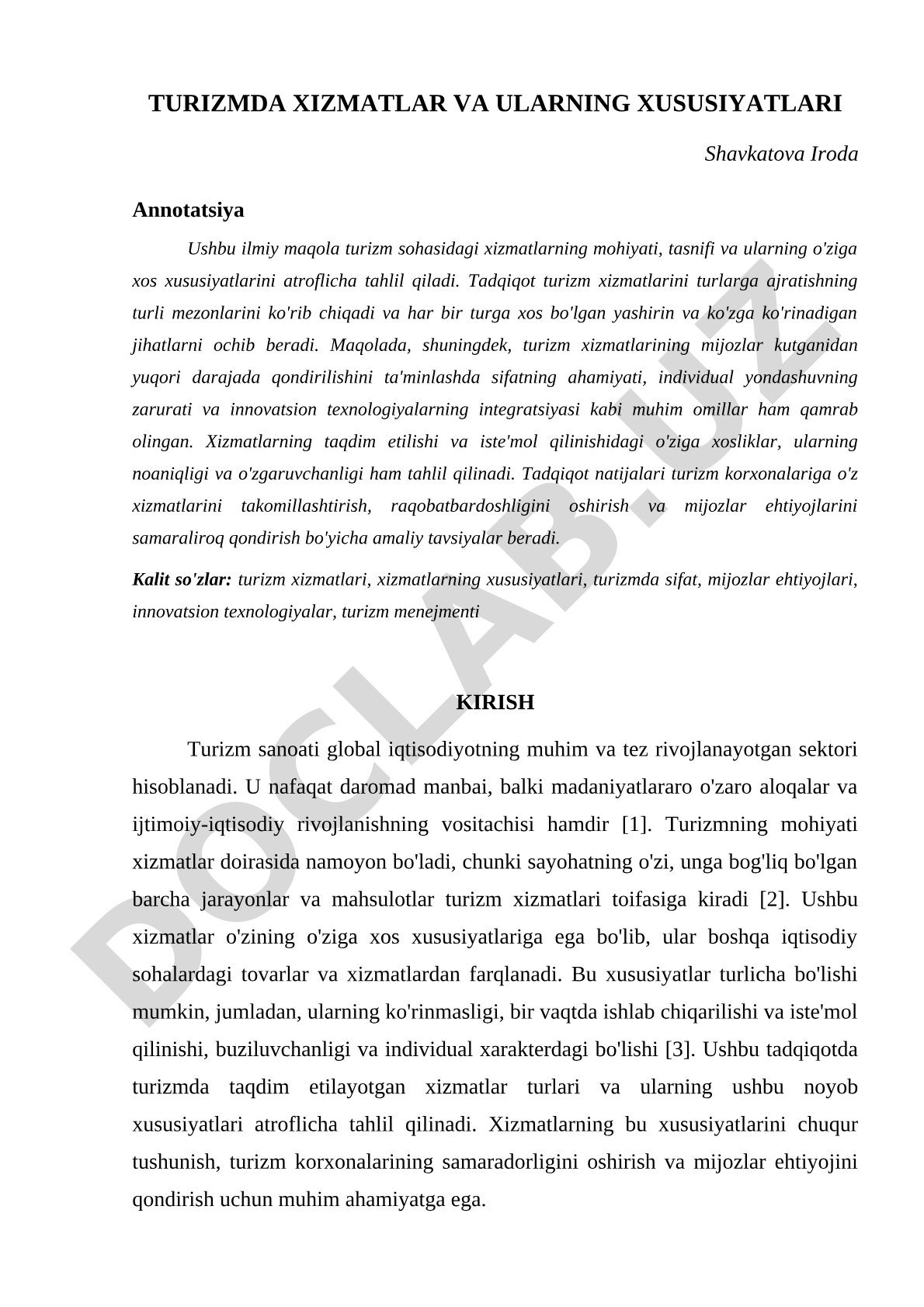 Turizmda xizmatlar va ularning xususiyatlari