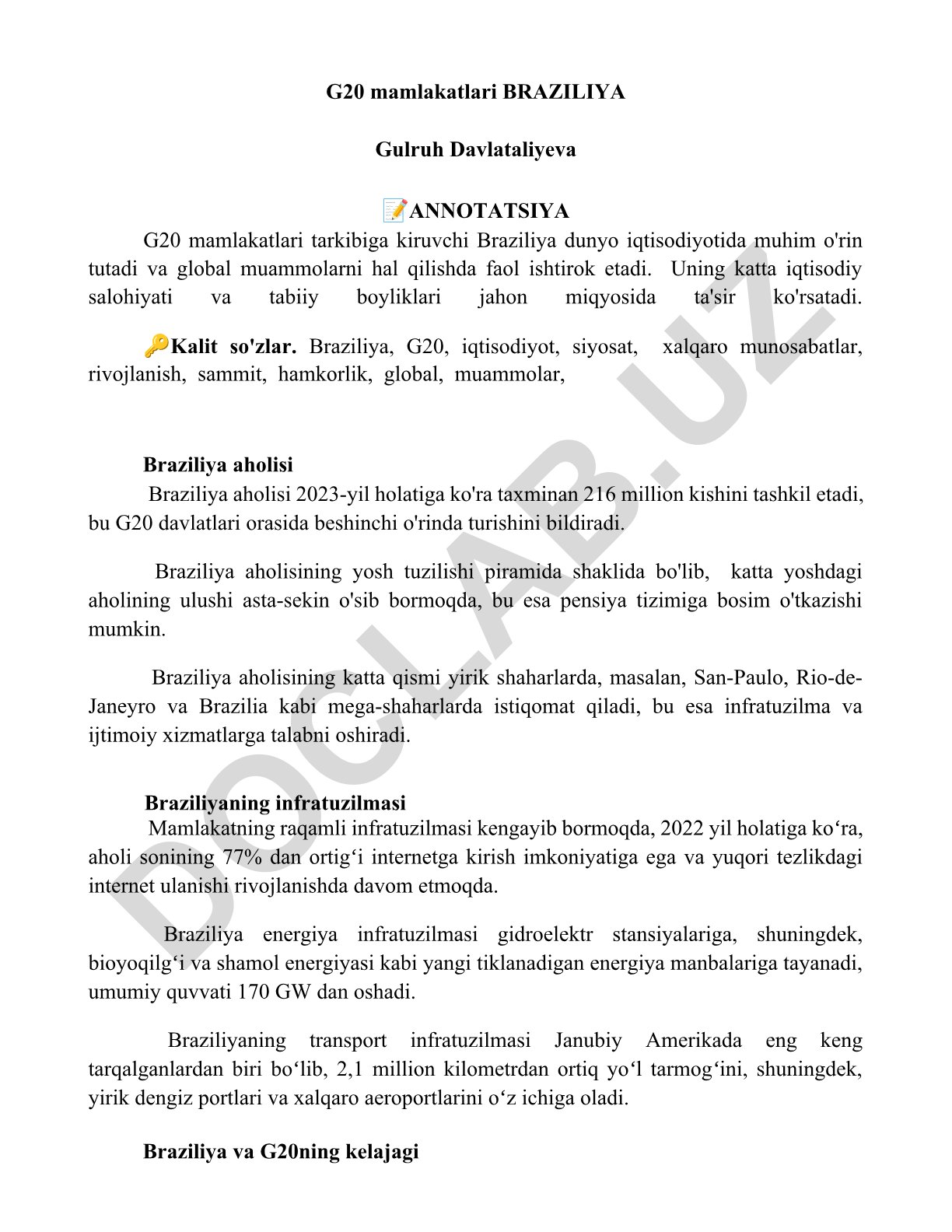 G20 mamlakatlari tarkibidagi Braziliyaning iqtisodiy va ijtimoiy o'rni