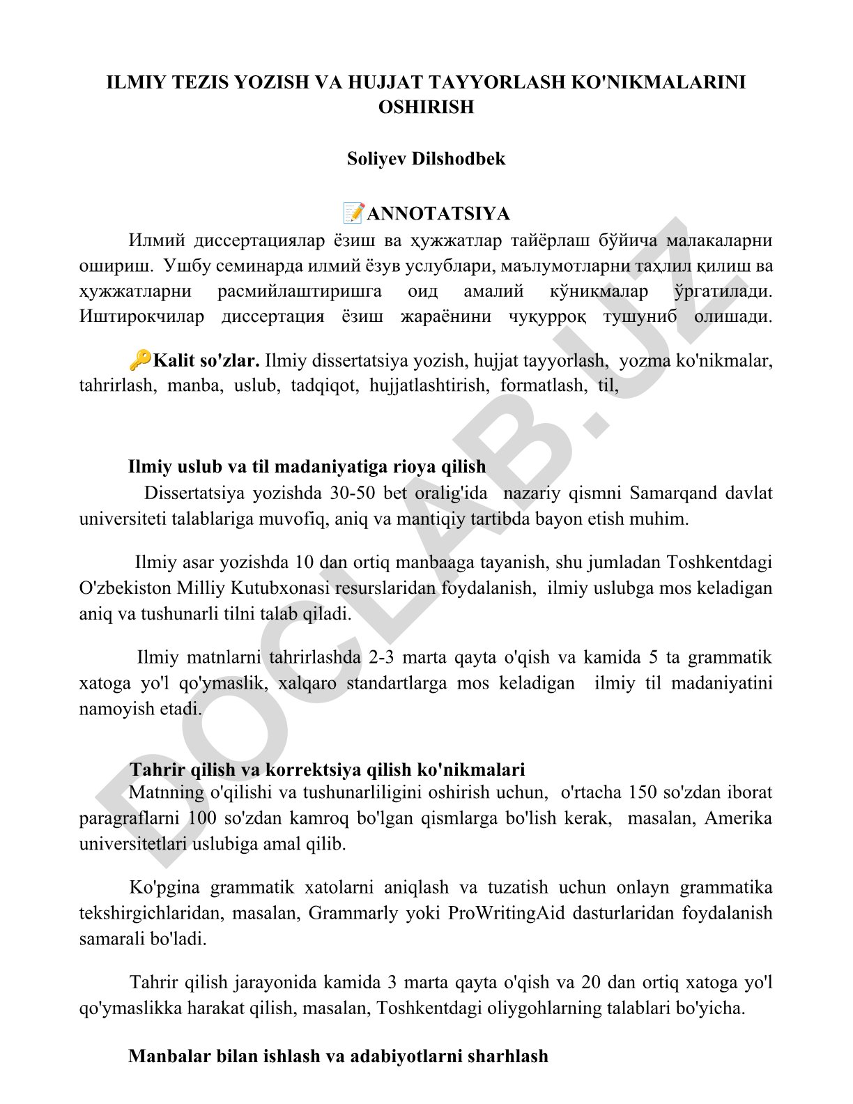 Ilmiy dissertatsiya yozish va hujjat tayyorlash ko'nikmalarini oshirish