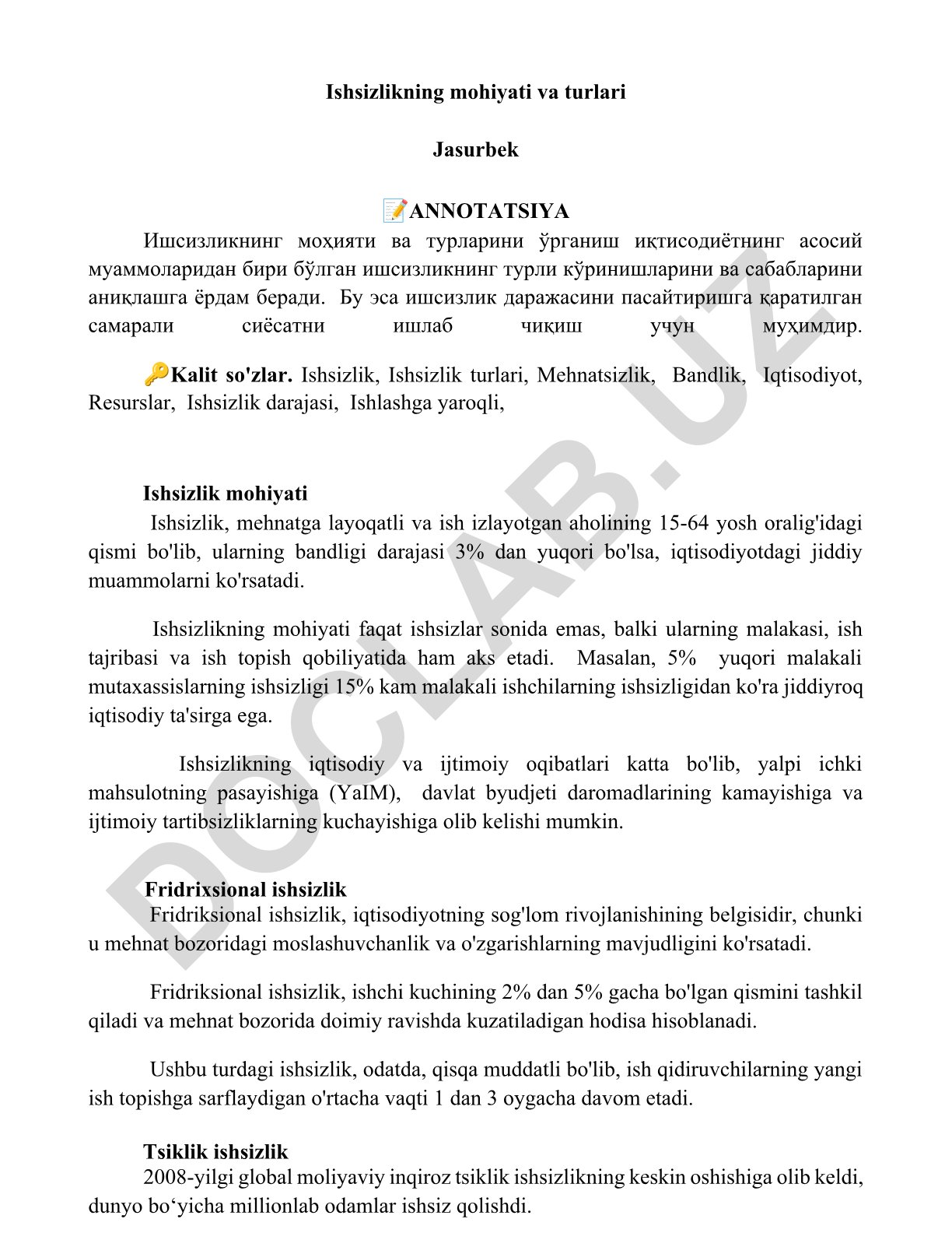 Ishsizlikning mohiyati va turlari