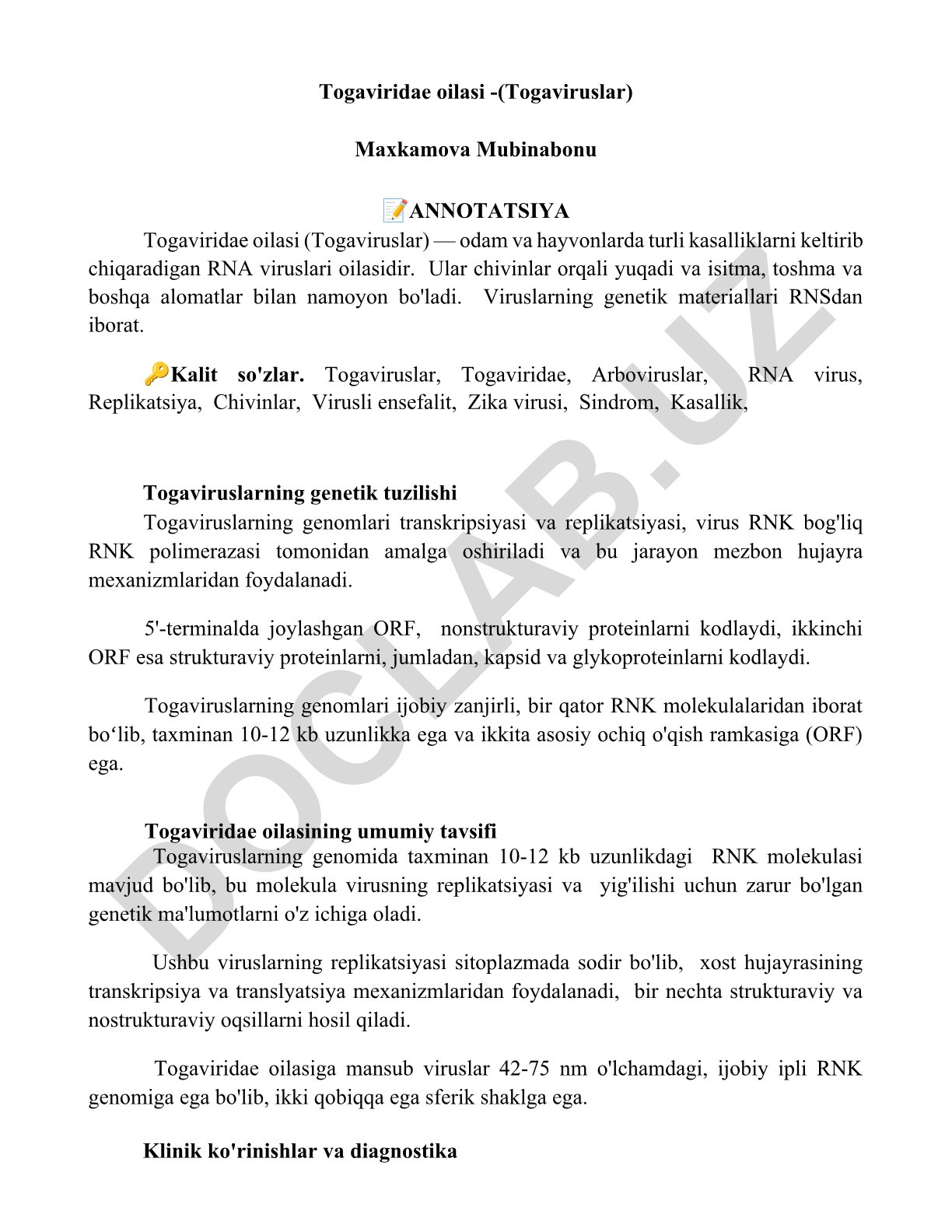 Togaviridae oilasi (Togaviruslar) va ularning genetik tuzilishi