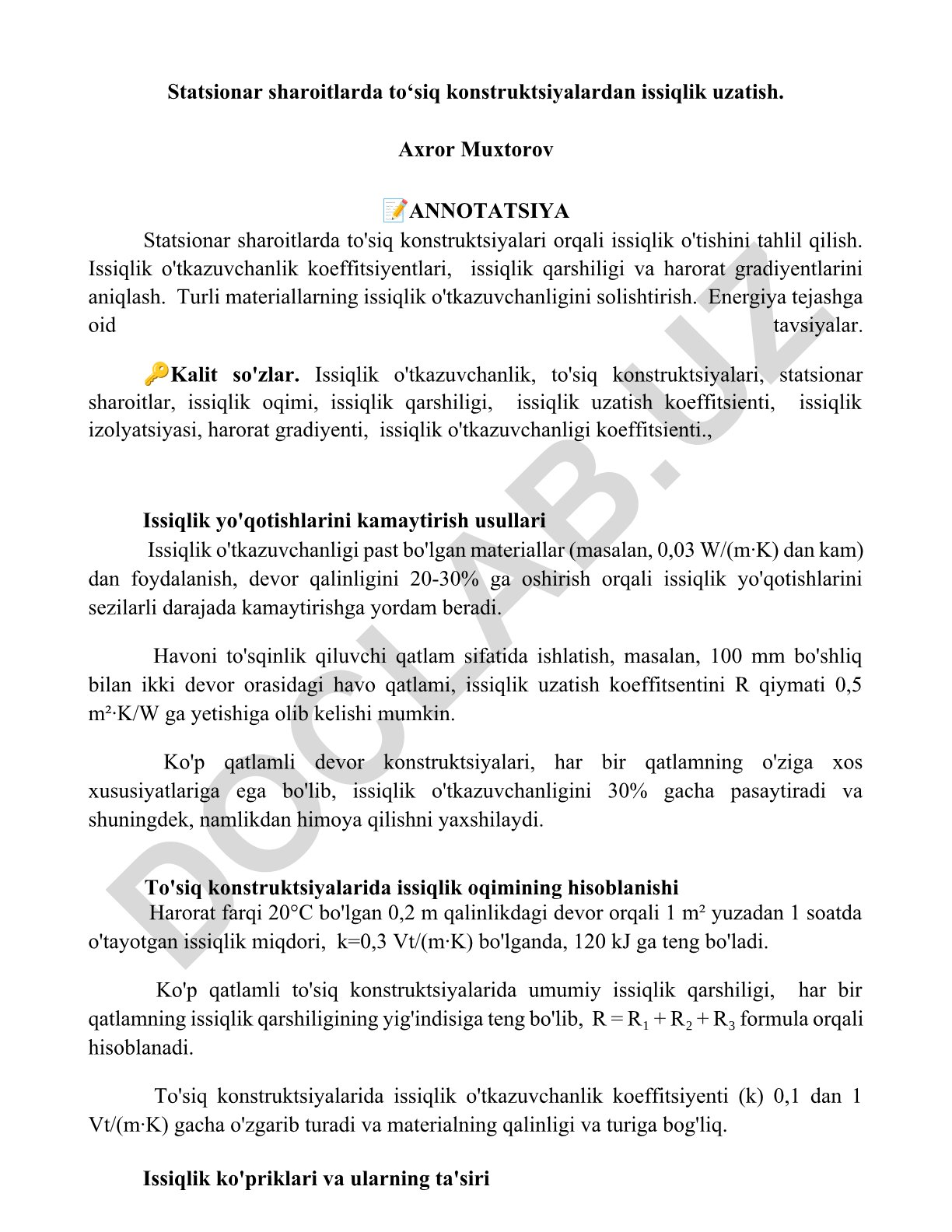 Statsionar sharoitlarda to'siq konstruktsiyalardan issiqlik uzatish