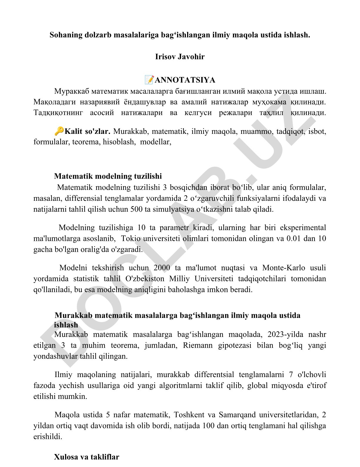 Murakkab matematik masalalarga bag'ishlangan ilmiy maqola