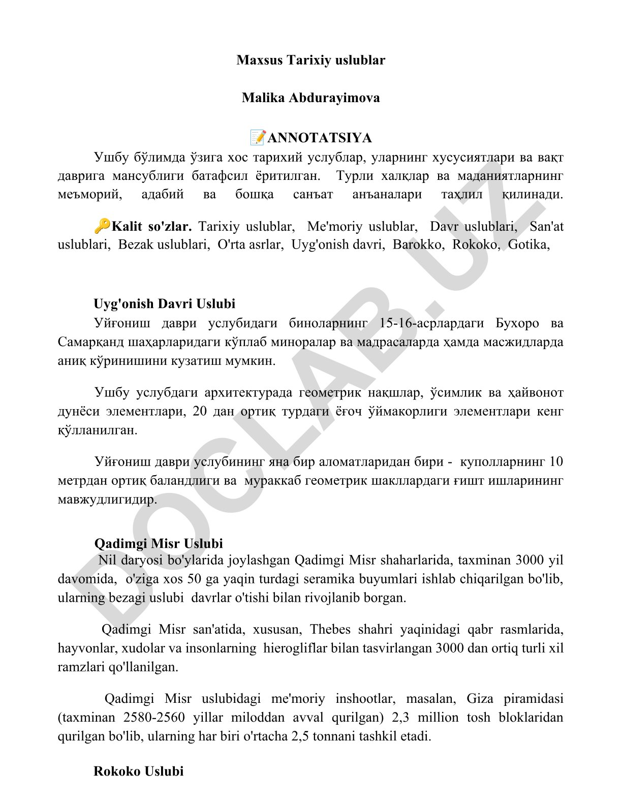 Tarixiy uslublar va ularning xususiyatlari