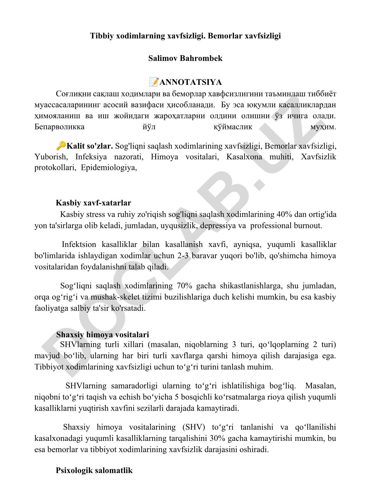 Tibbiy xodimlarning xavfsizligi va bemorlar xavfsizligi