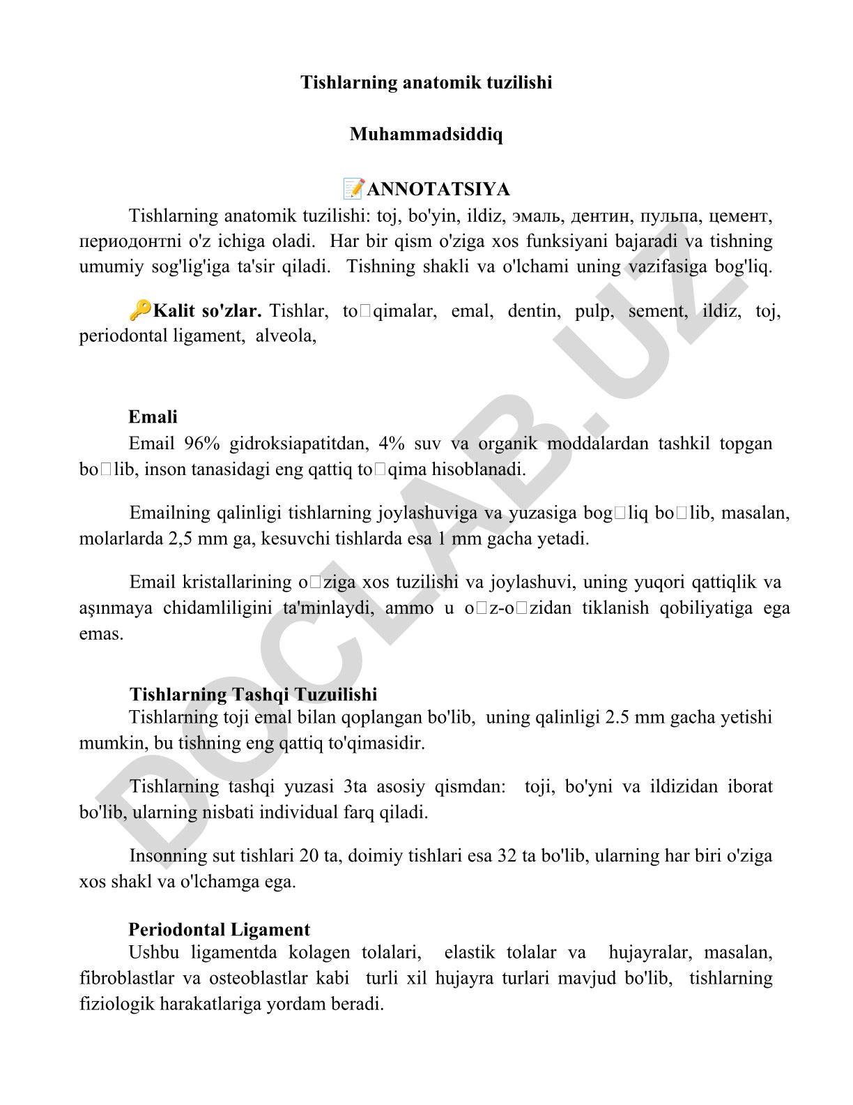 Tishlarning anatomik tuzilishi