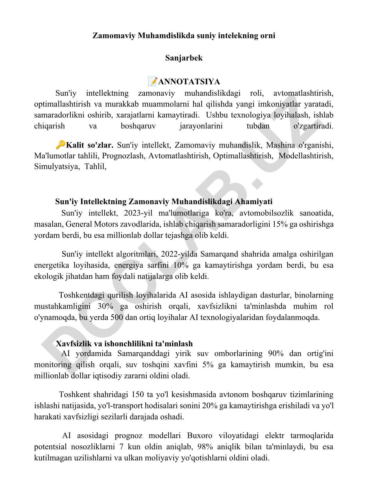 Sun'iy intellektning zamonaviy muhandislikdagi ahamiyati