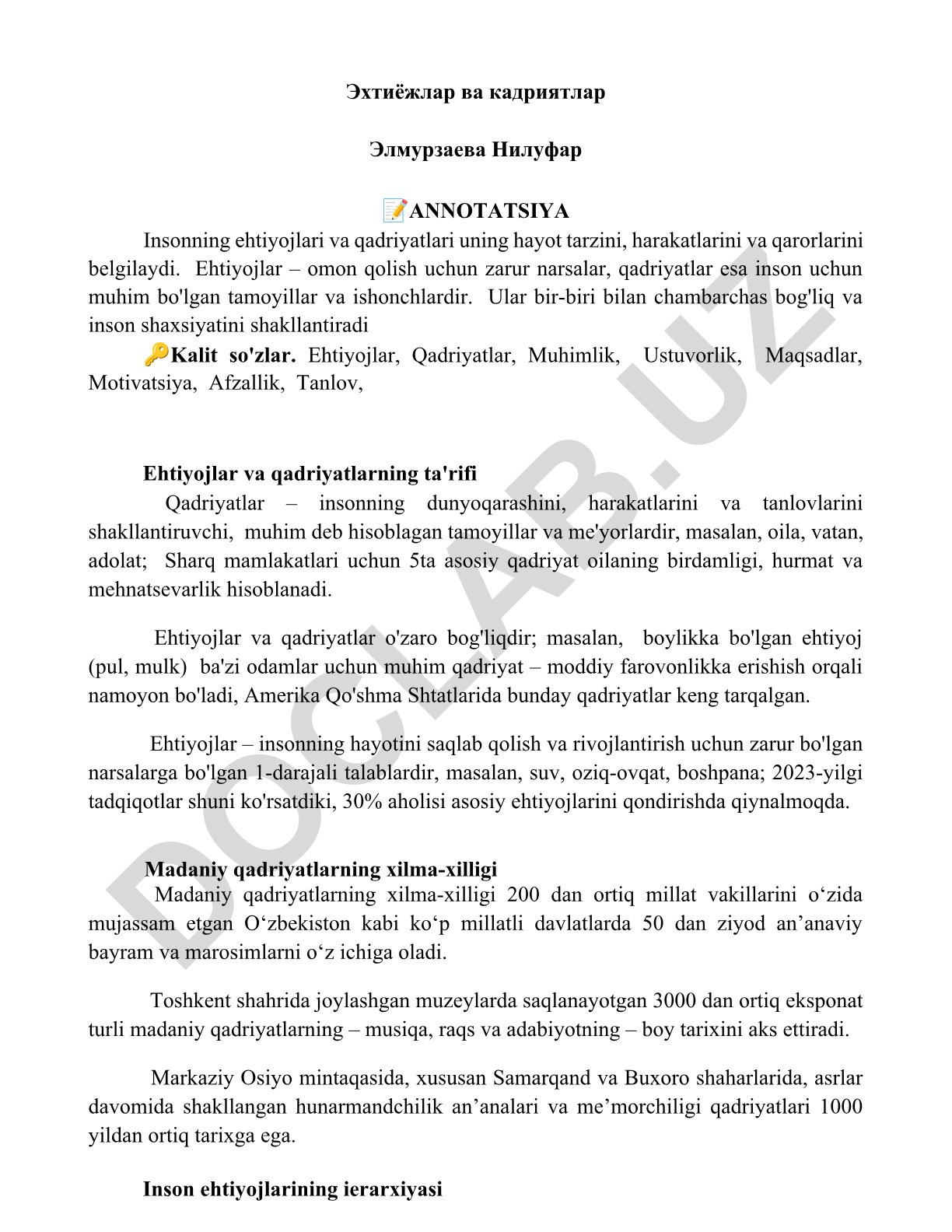 Insonning ehtiyojlari va qadriyatlari