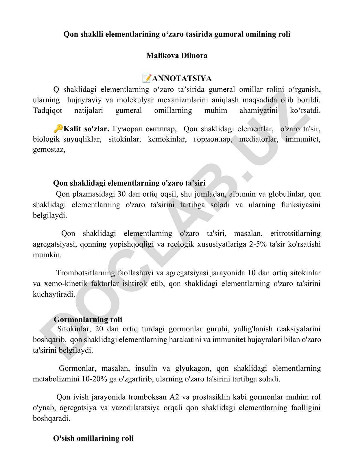 Qon shaklli elementlarining oʻzaro tasirida gumoral omilning roli