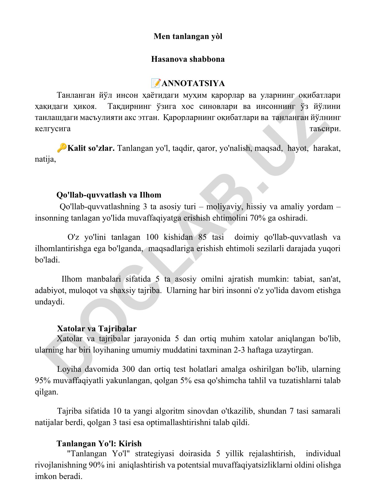Tanlangan yo'l va uning hayotdagi ahamiyati