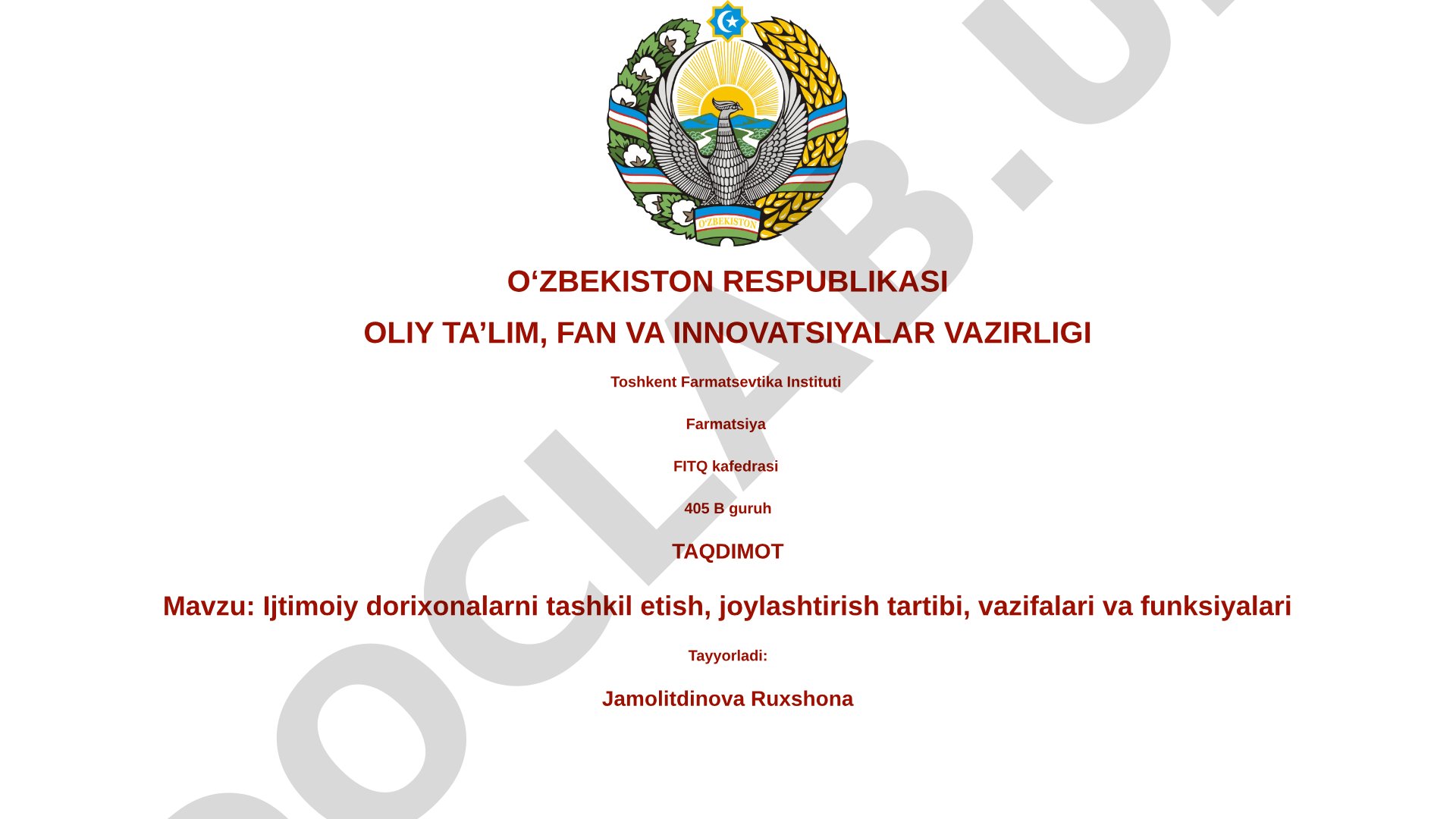 Ijtimoiy dorixonalarni tashkil etish, joylashtirish tartibi, vazifalari va funksiyalari