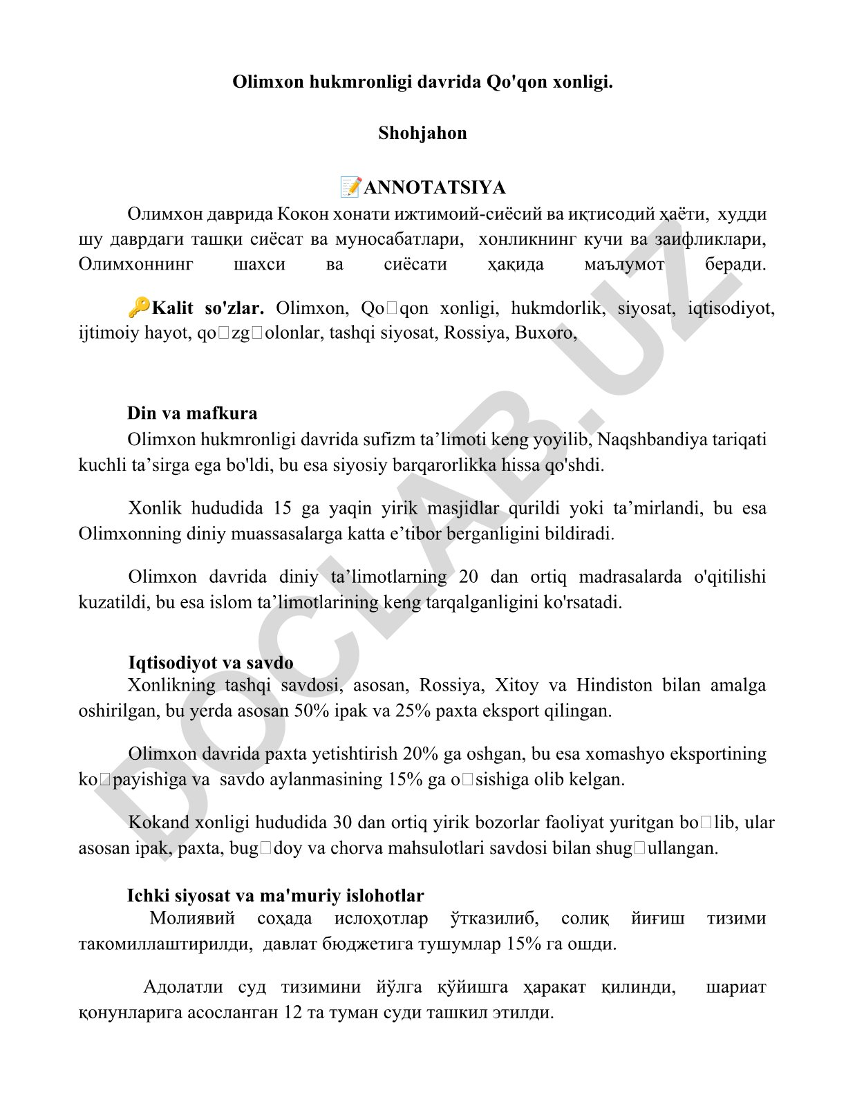 Olimxon hukmronligi davrida Qo'qon xonligi