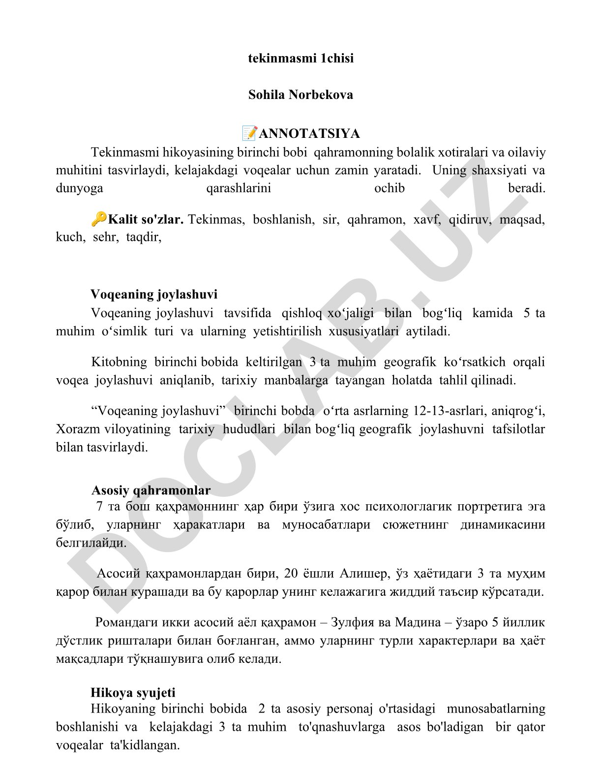 Tekinmasmi hikoyasining birinchi bobi: qahramonning bolalik xotiralari va oilaviy muhiti