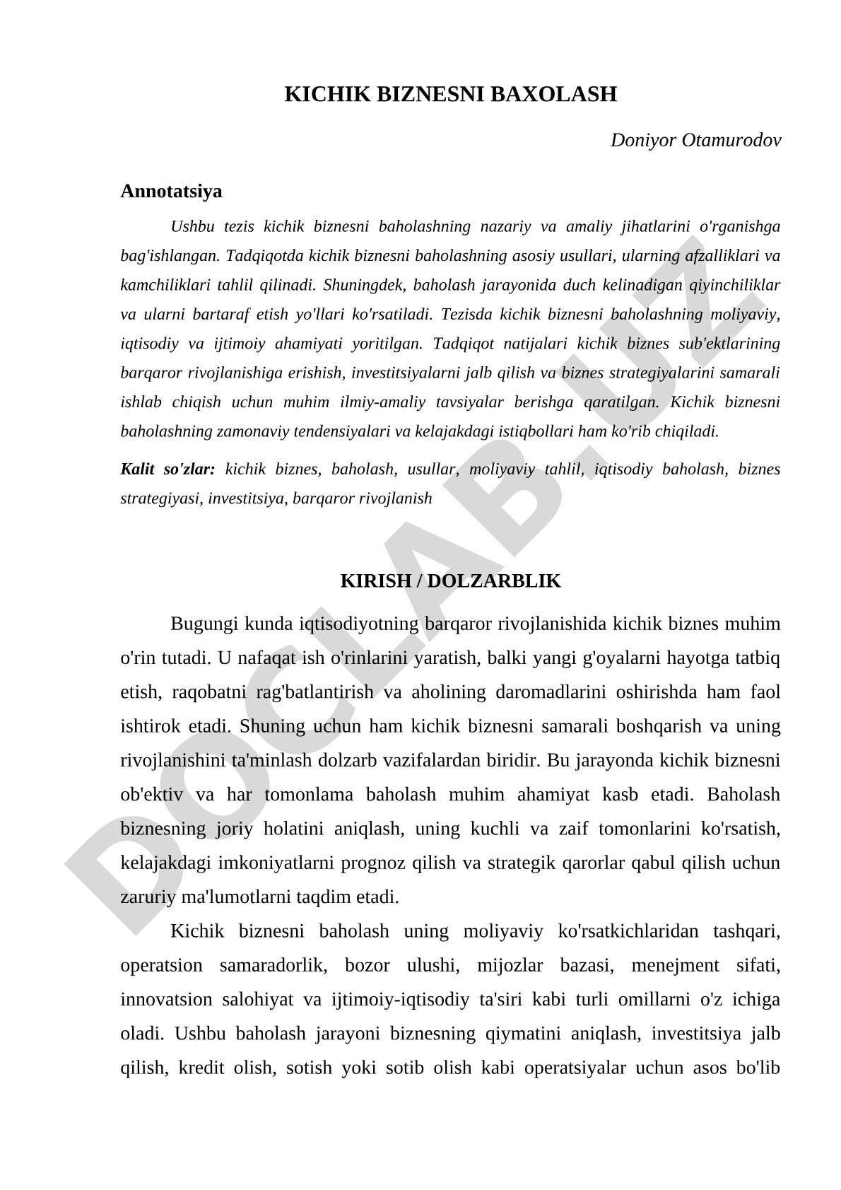 Kichik biznesni baholash