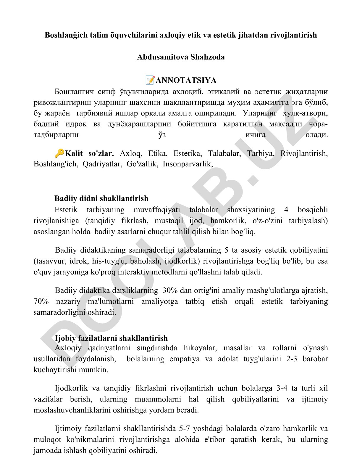 Boshlang'ich sinf o'quvchilarini axloqiy, etik va estetik jihatdan rivojlantirish