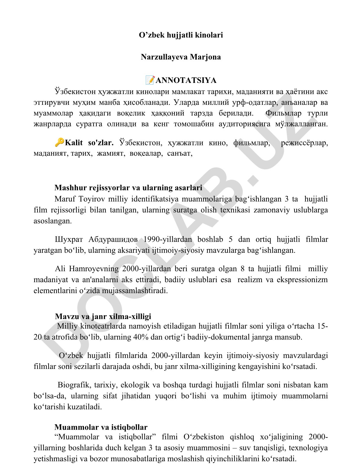 O'zbek hujjatli kinolari va ularning milliy madaniyatdagi o'rni