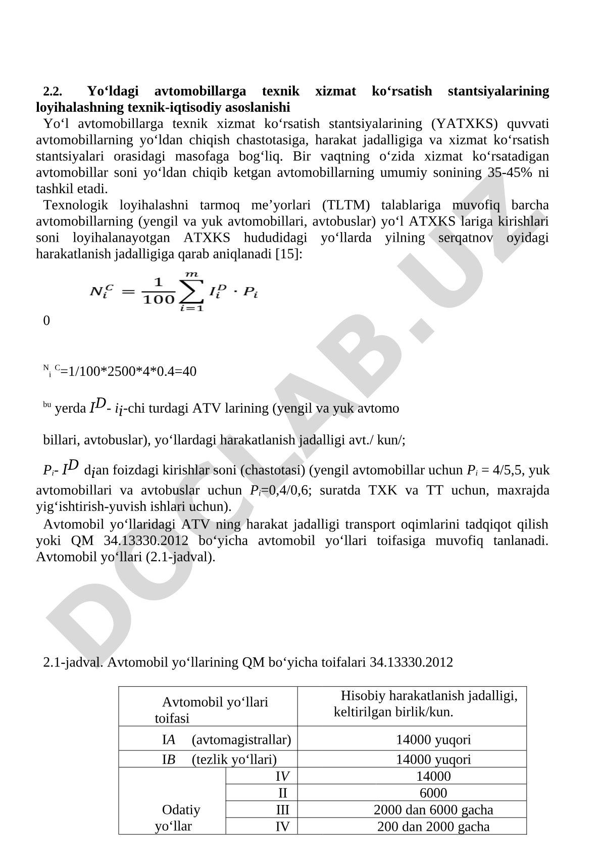 Yo‘ldagi avtomobillarga texnik xizmat ko‘rsatish stantsiyalarining loyihalashning texnik-iqtisodiy asoslanishi