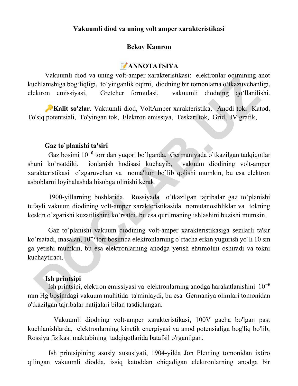 Vakuumli diod va uning volt-amper xarakteristikasi