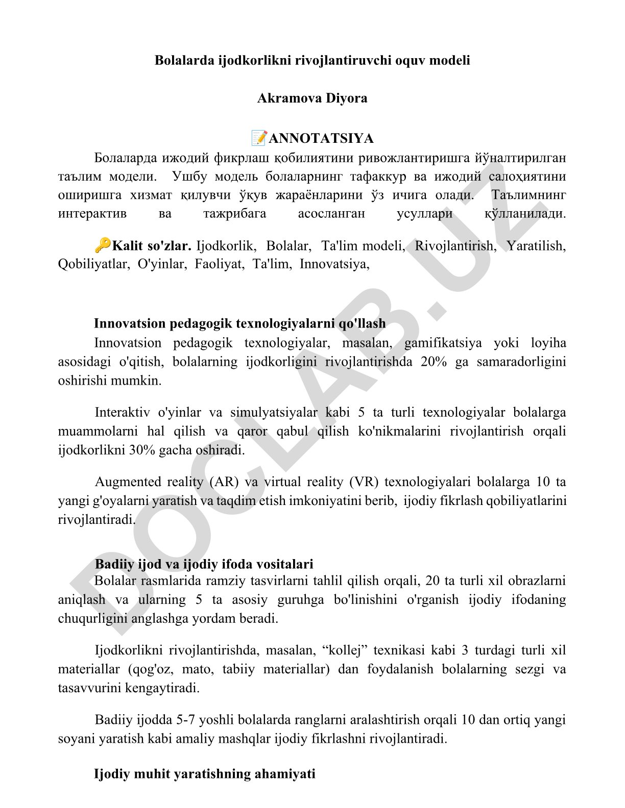 Bolalarda ijodkorlikni rivojlantiruvchi o'quv modeli