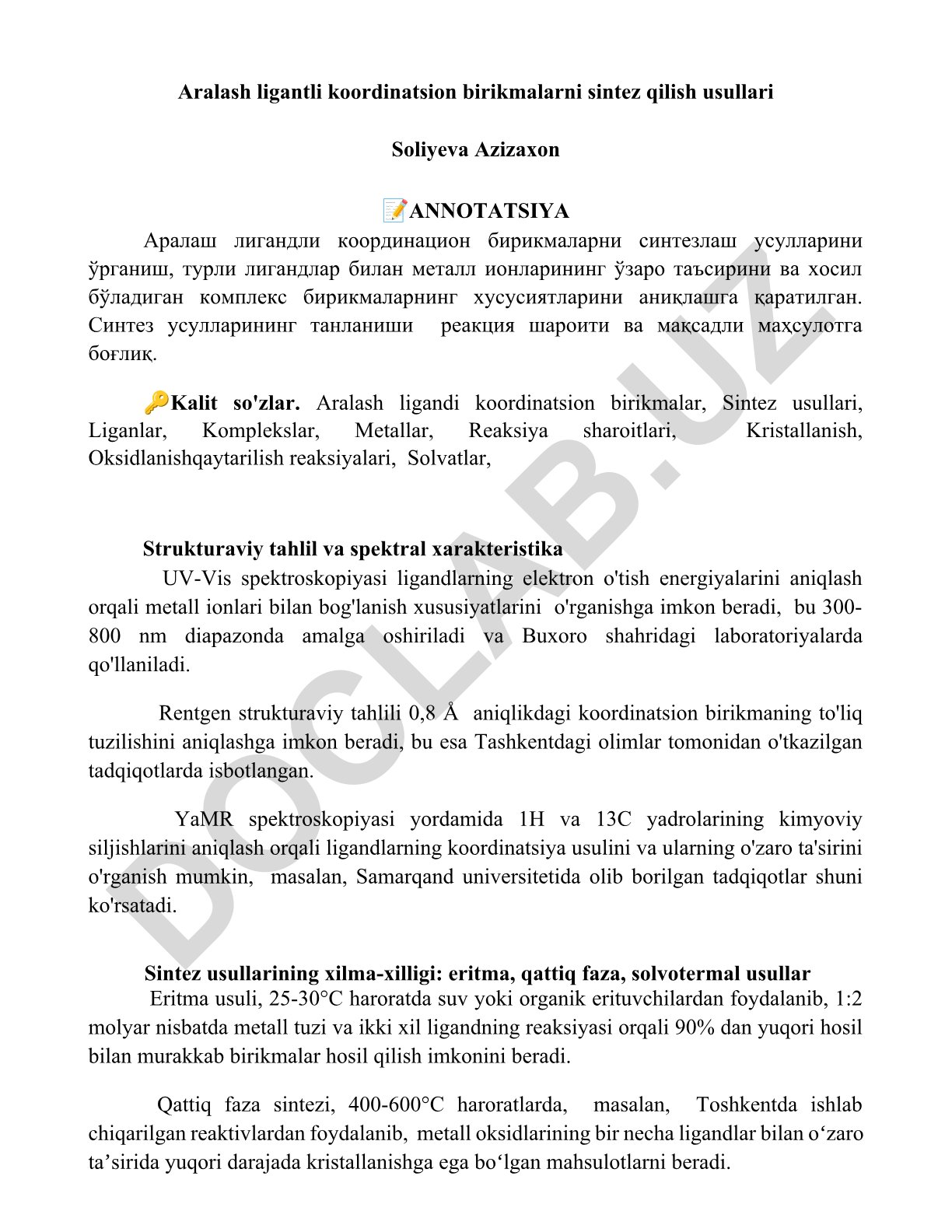 Aralash ligantli koordinatsion birikmalarni sintez qilish usullari