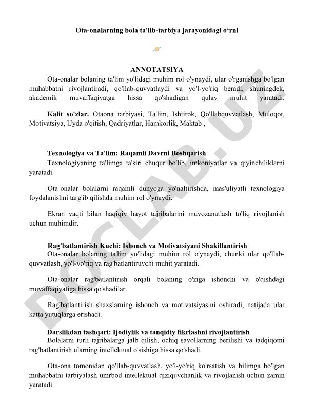Ota-onalarning bola ta'lim-tarbiya jarayonidagi oʻrni