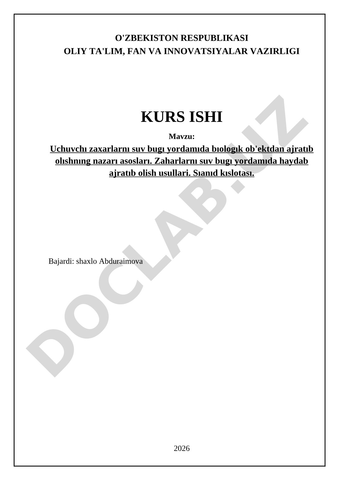 Uchuvchi zaxarlarni suv bug'i yordamida biologik ob'ektdan ajratib olishning nazariy asoslari