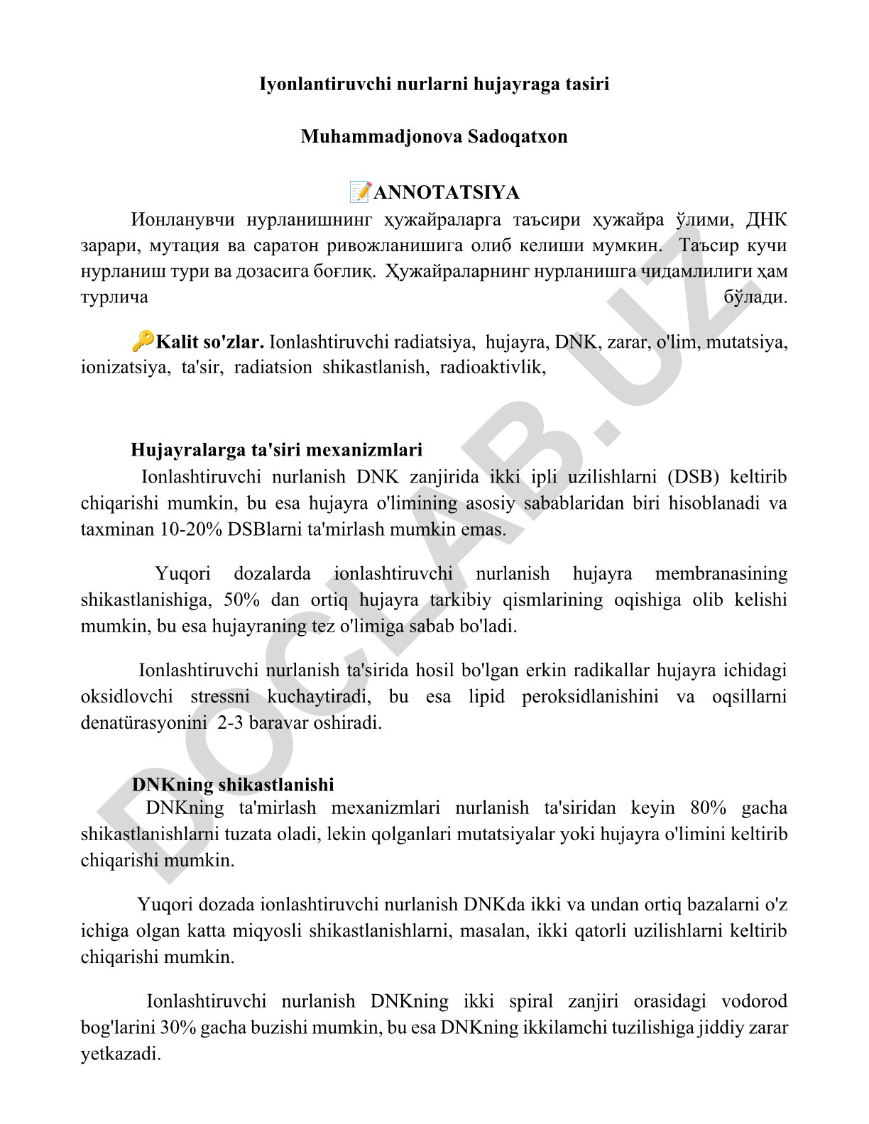 Ionlashtiruvchi nurlanishning hujayralarga ta'siri