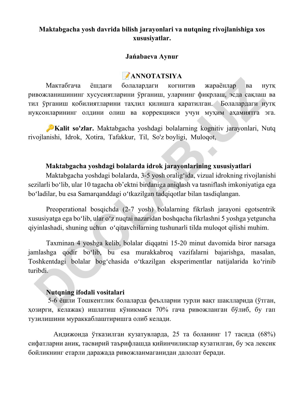 Maktabgacha yosh davrida bilish jarayonlari va nutqning rivojlanishiga xos xususiyatlar