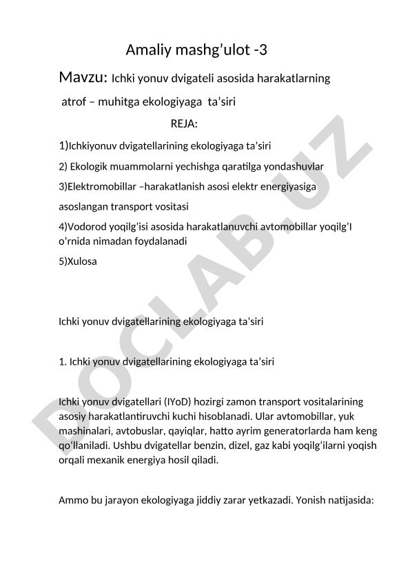 Ichki yonuv dvigateli asosida harakatlanishning atrof-muhitga ekologik ta'siri