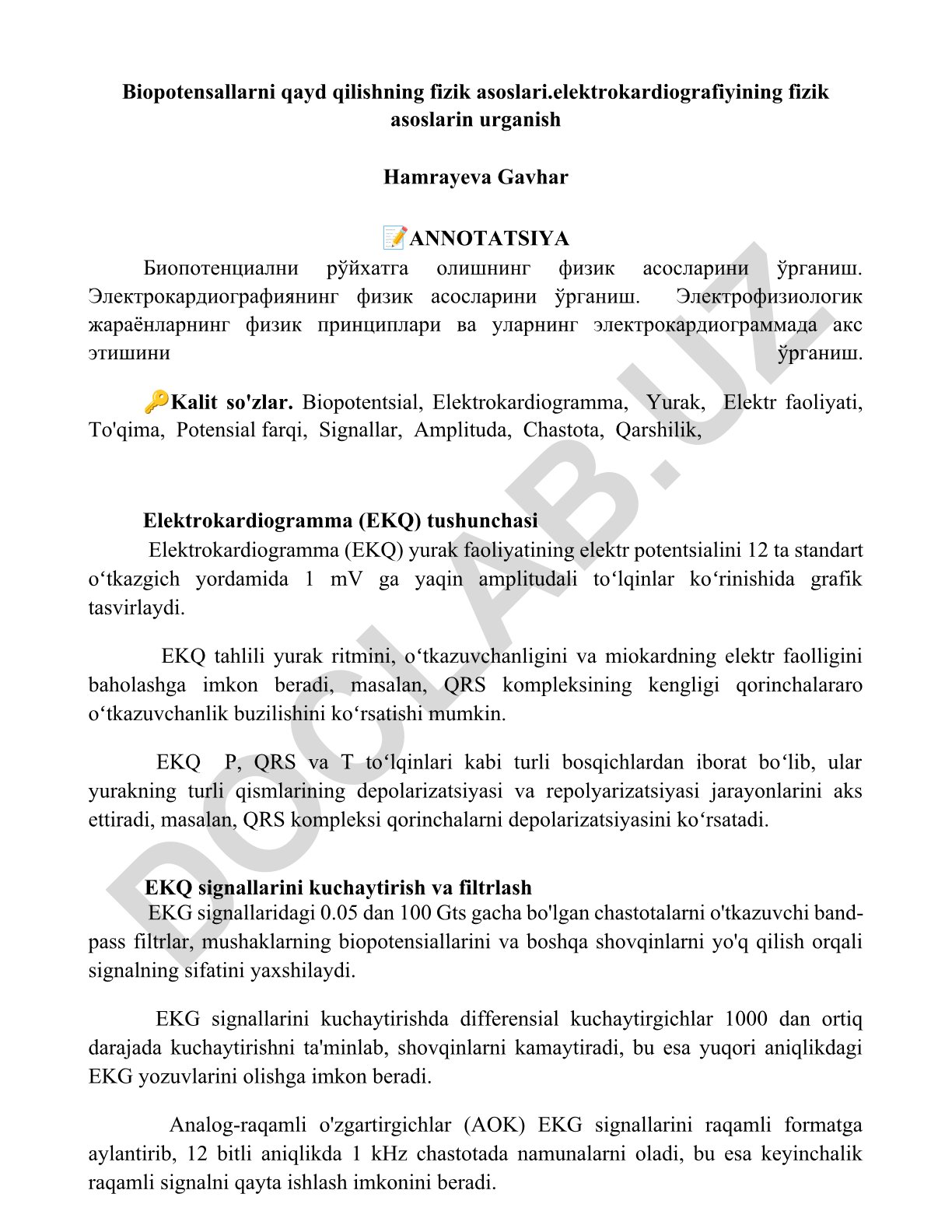 Biopotensiallarni qayd qilishning fizik asoslari va elektrokardiografiya