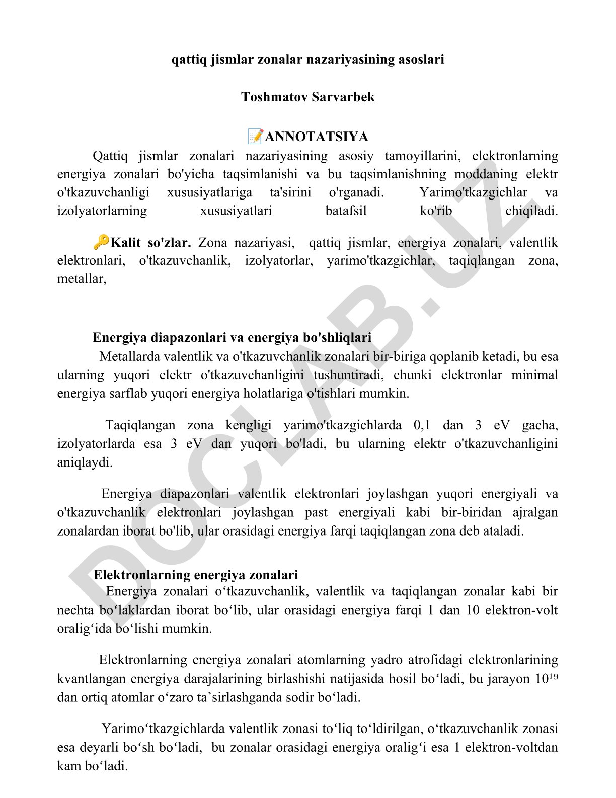 Qattiq jismlar zonalar nazariyasining asoslari