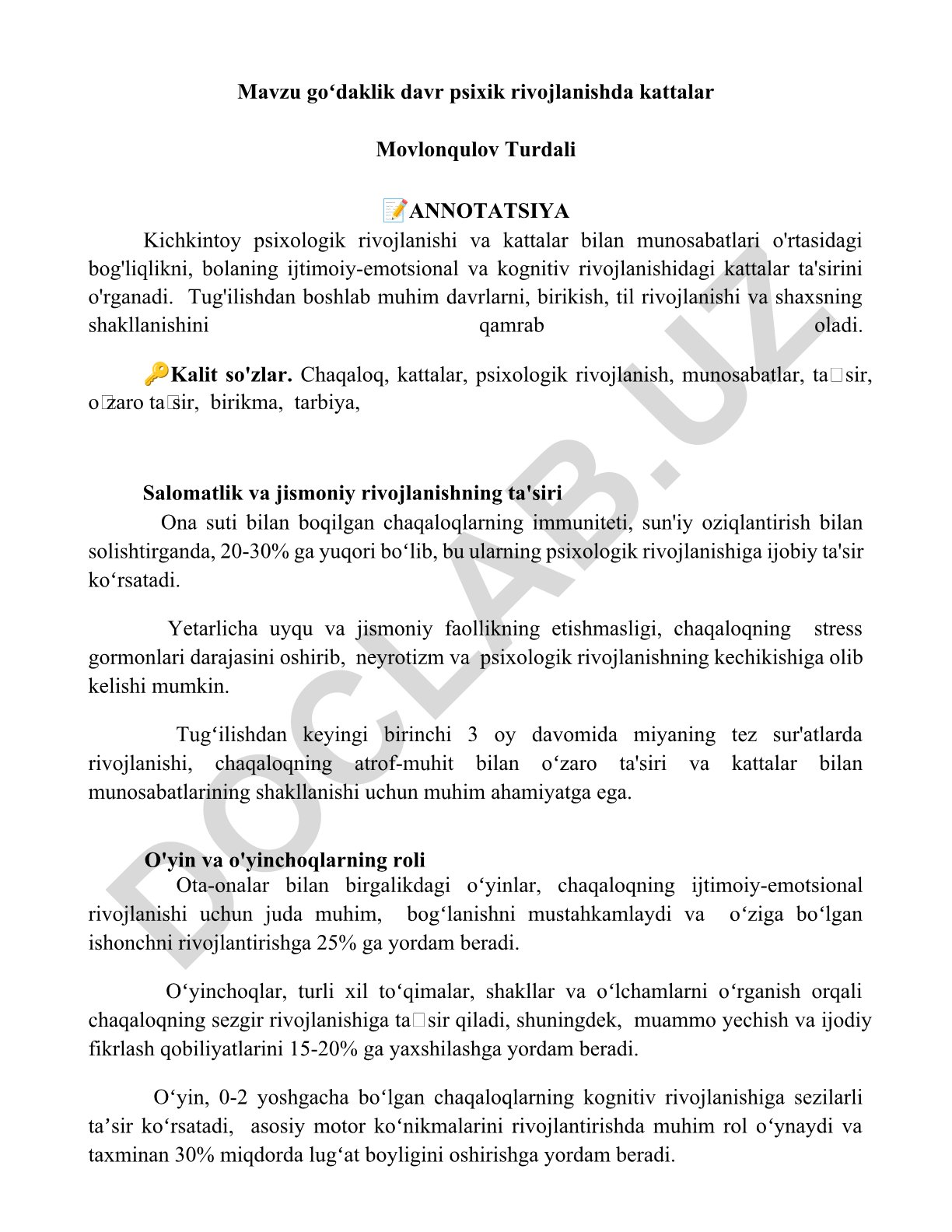 Goʻdaklik davr psixik rivojlanishda kattalar
