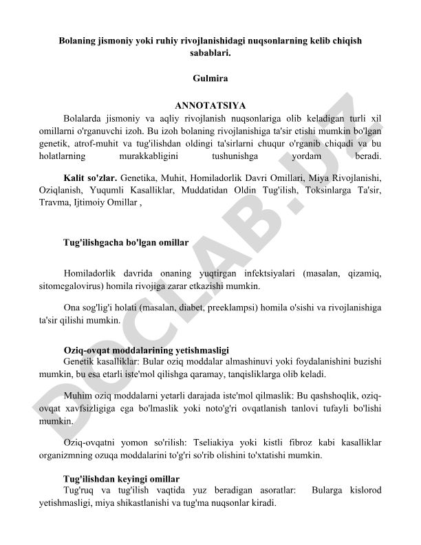 Bolalarda jismoniy va aqliy rivojlanish nuqsonlarining kelib chiqish sabablari