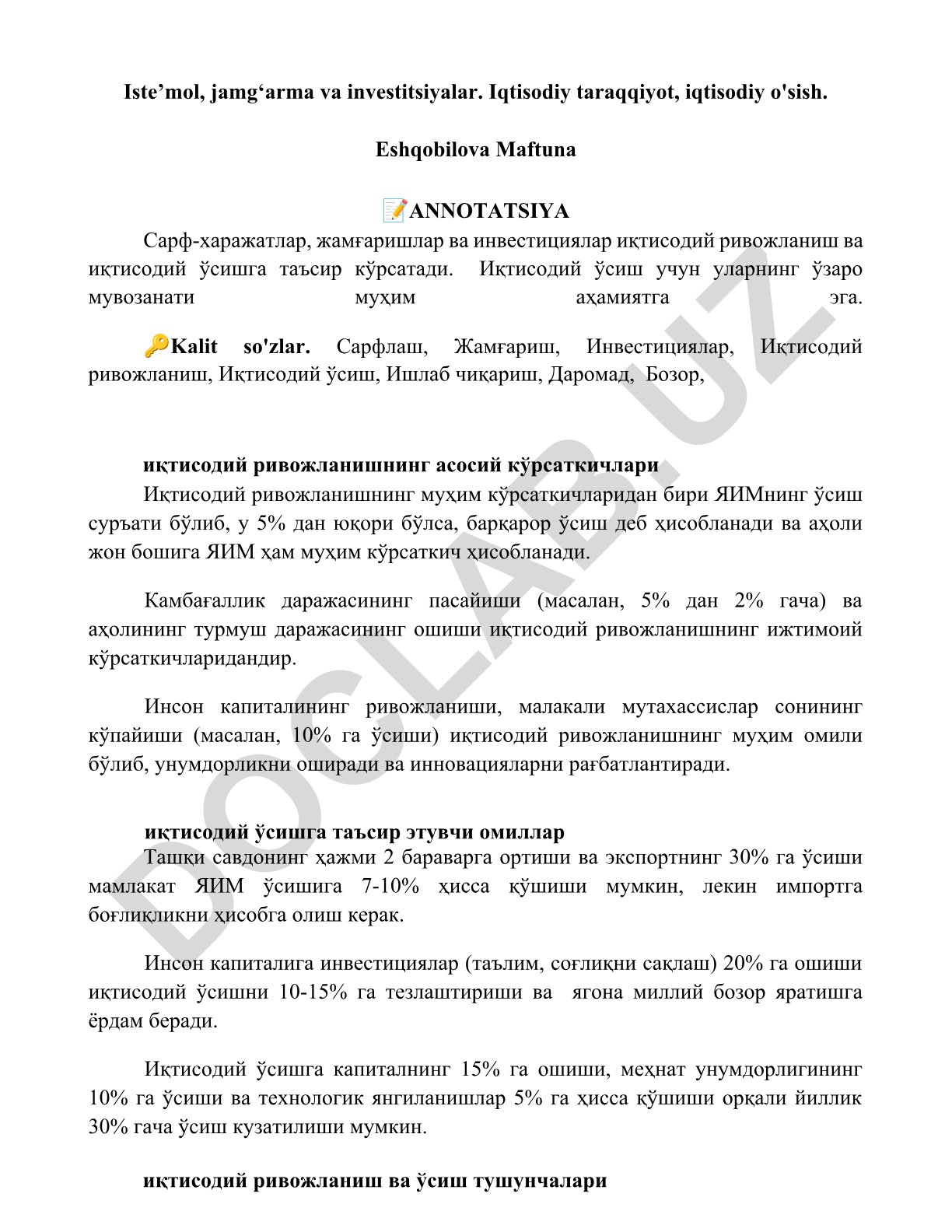 Iste’mol, jamg‘arma va investitsiyalarning iqtisodiy taraqqiyotga ta’siri