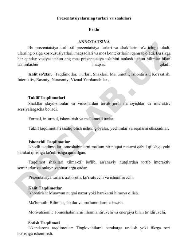 Prezentatsiyalarning turlari va shakllari