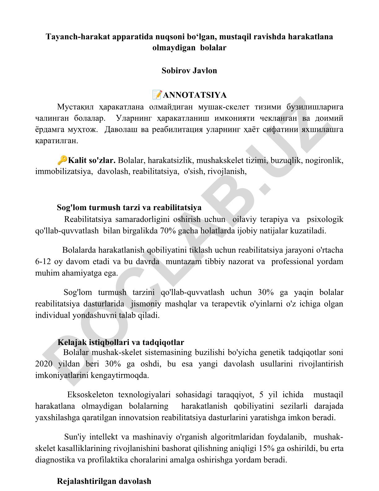 Bolalarda mushak-skelet tizimi buzilishlari va reabilitatsiya