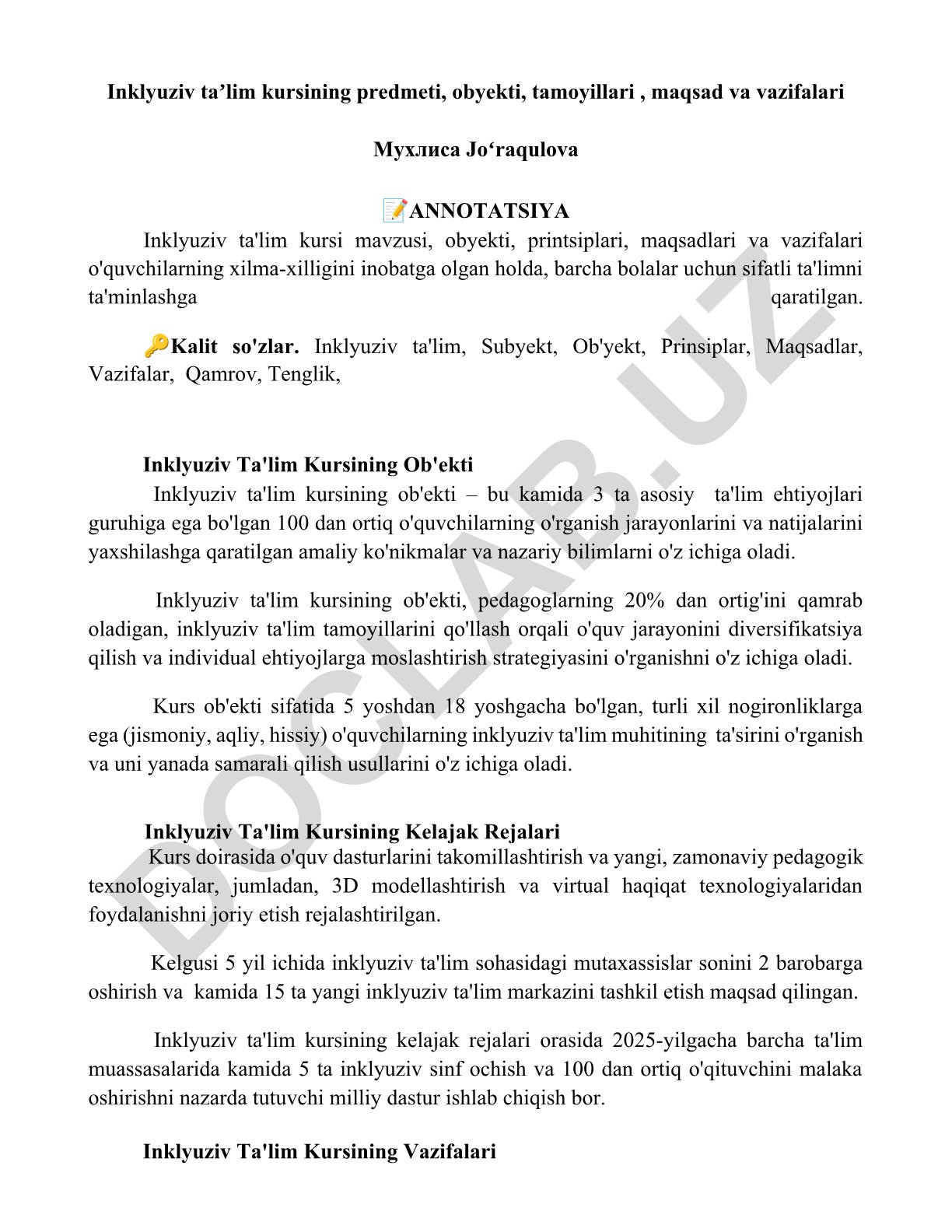 Inklyuziv taʼlim kursining predmeti, obyekti, tamoyillari, maqsad va vazifalari