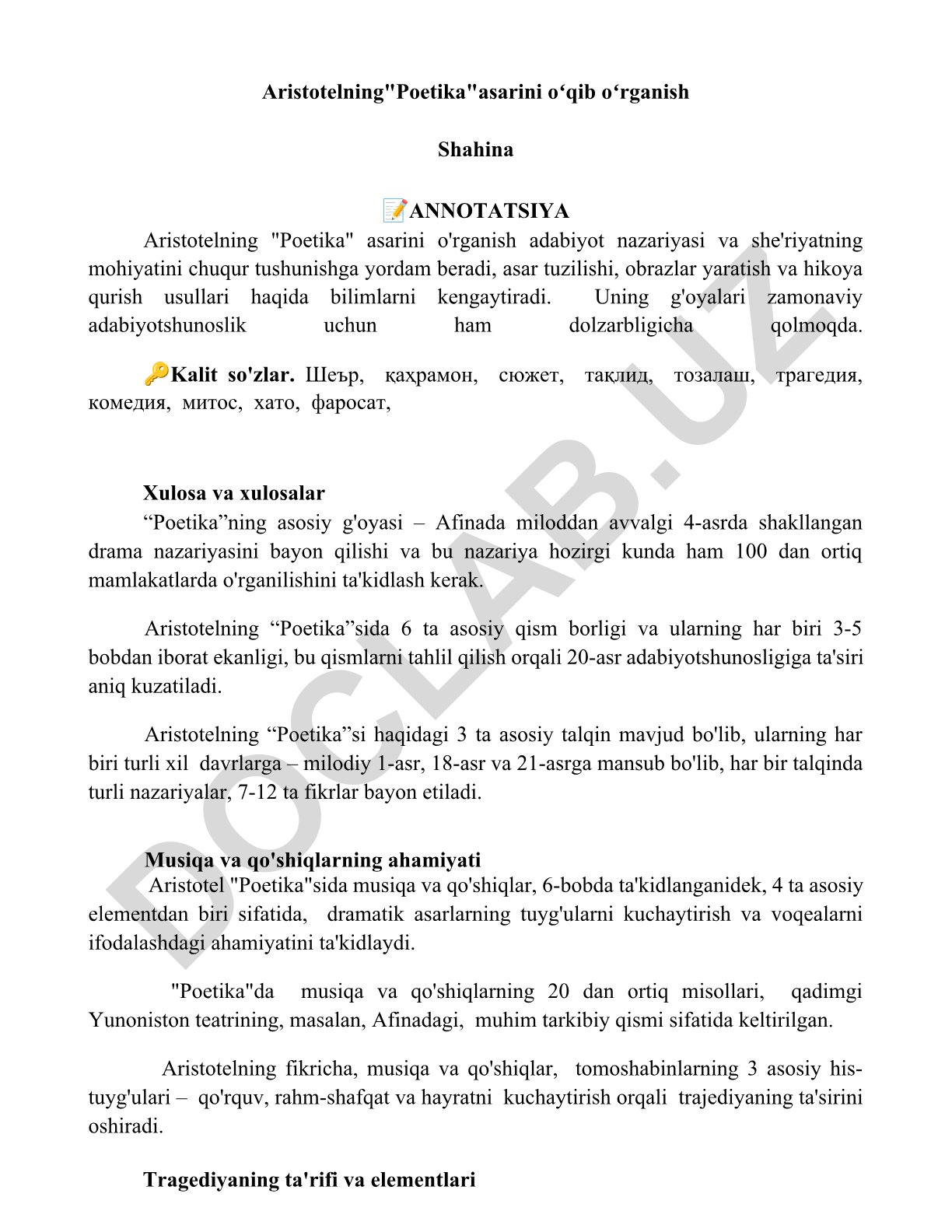 Aristotelning "Poetika" asarini o'rganish