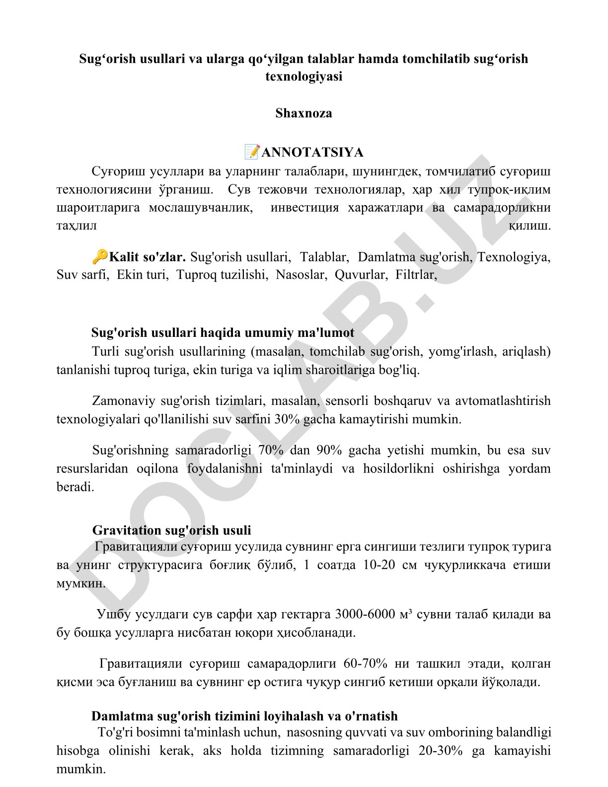 Sug'orish usullari va tomchilatib sug'orish texnologiyasi