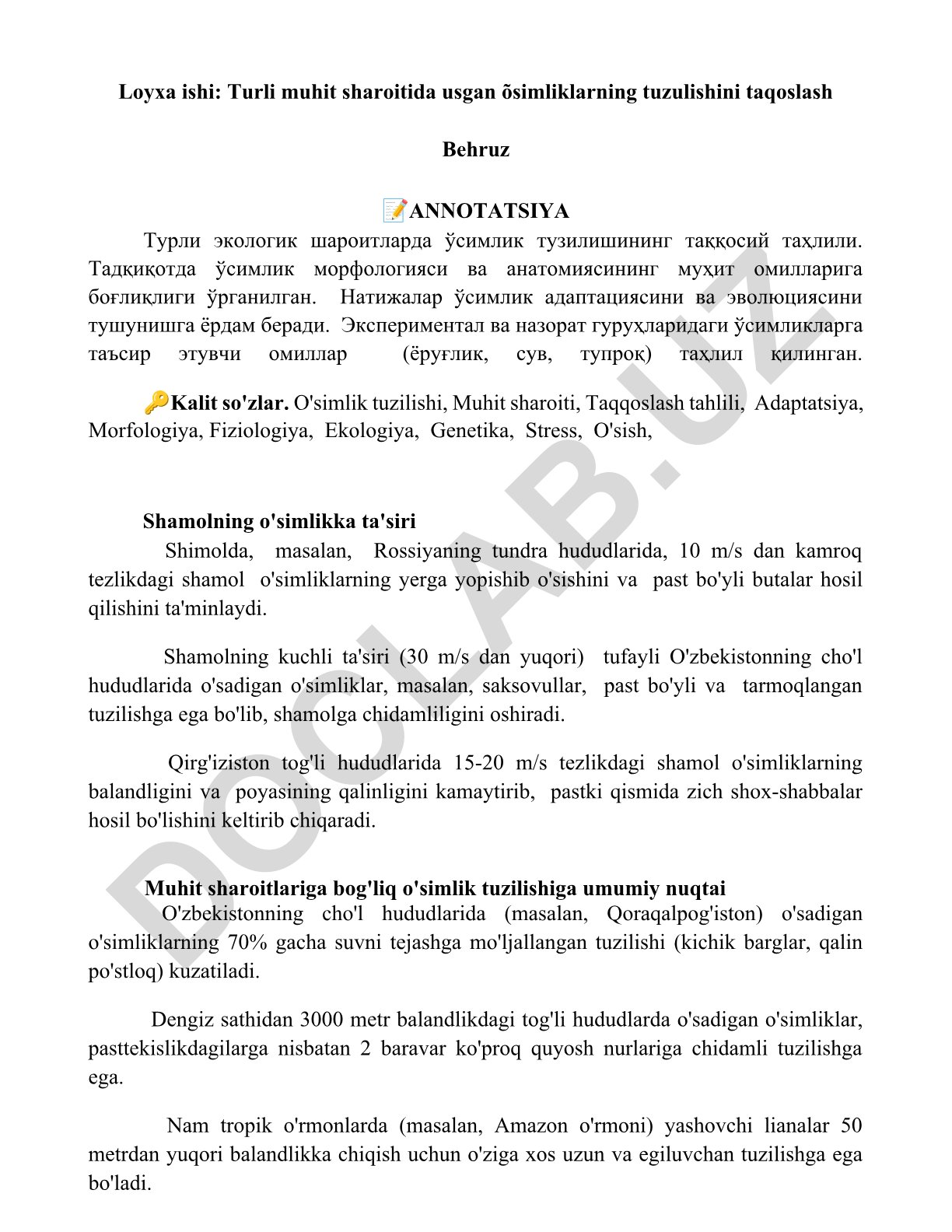 Turli muhit sharoitida usgan o'simliklarning tuzulishini taqoslash