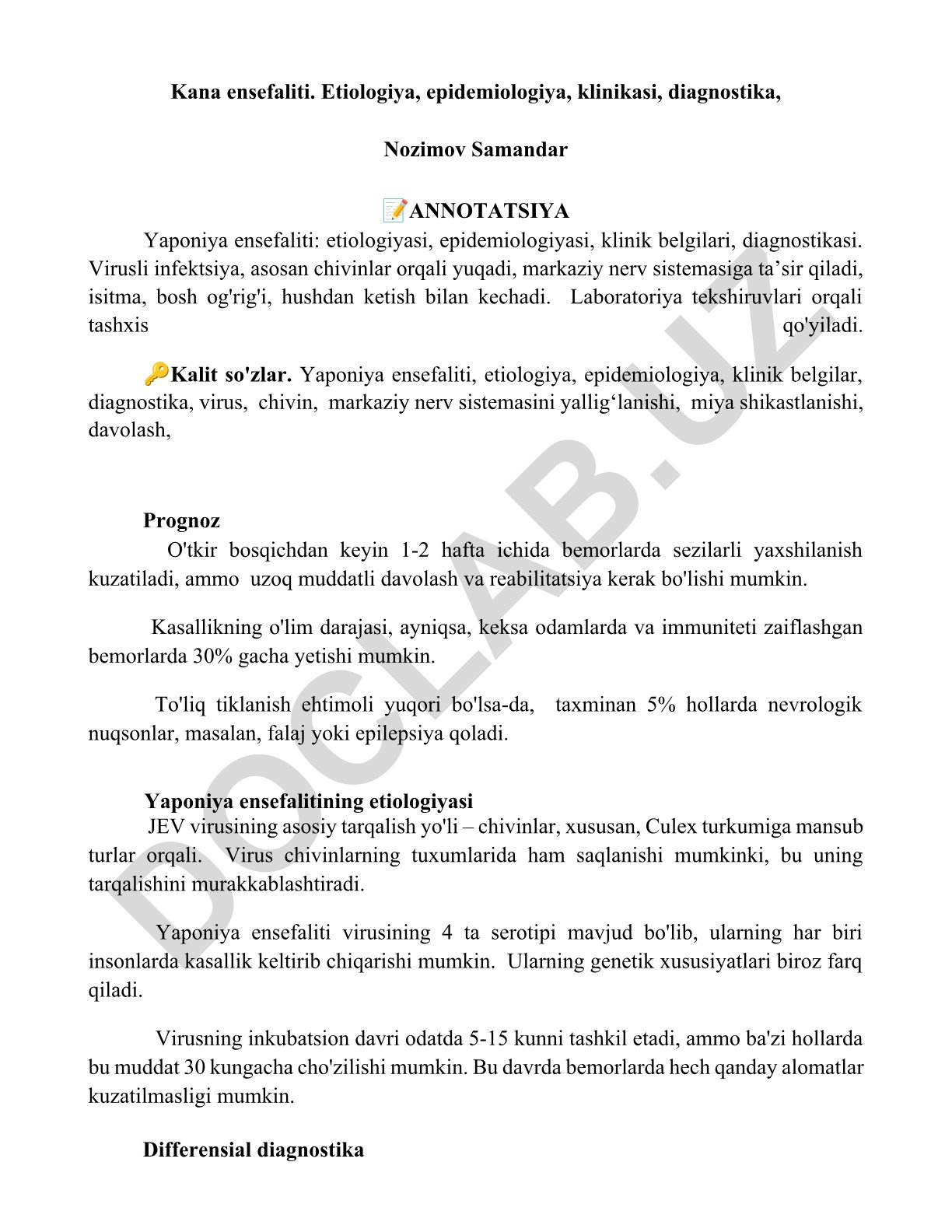 Yaponiya ensefaliti: etiologiyasi, epidemiologiyasi, klinik belgilari, diagnostikasi