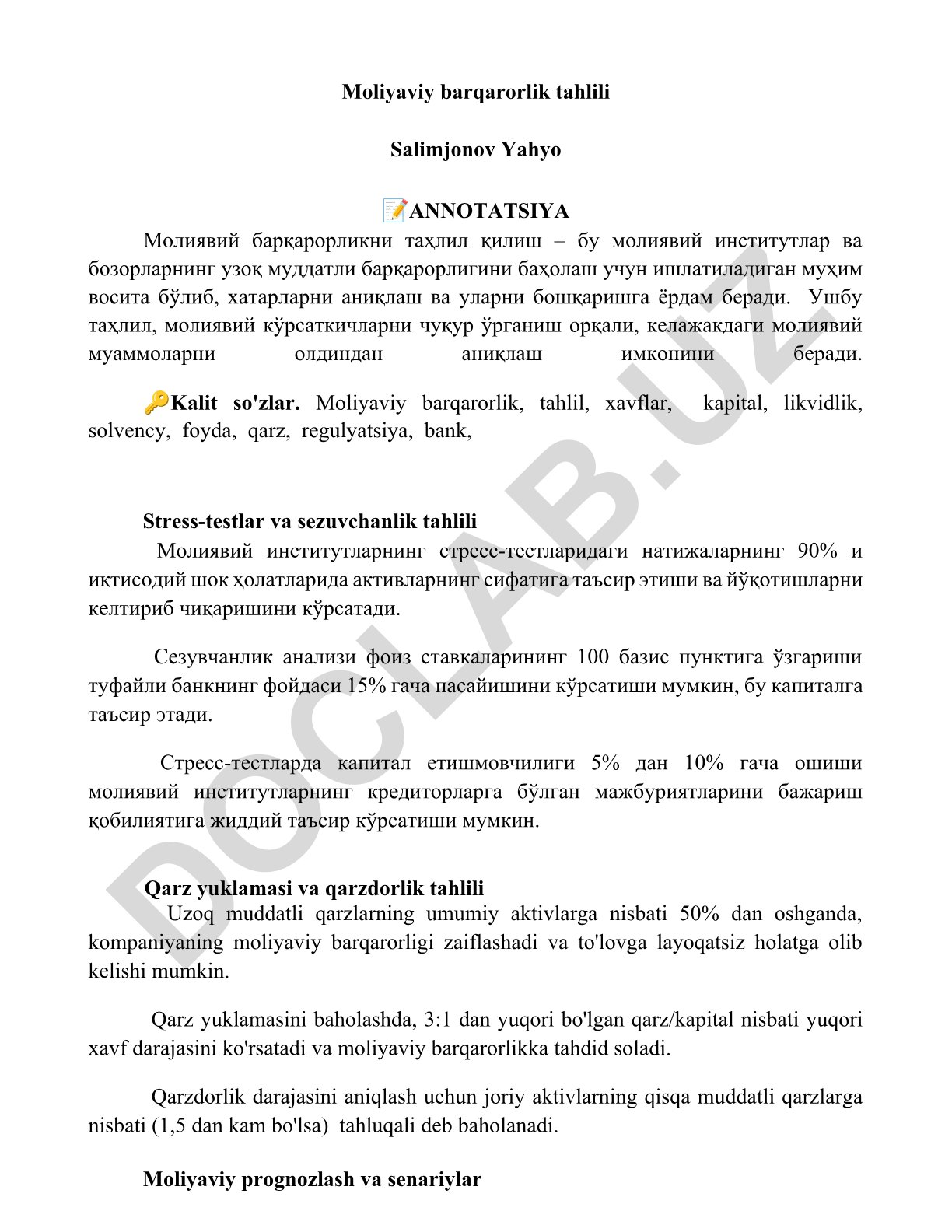 Moliyaviy barqarorlik tahlili