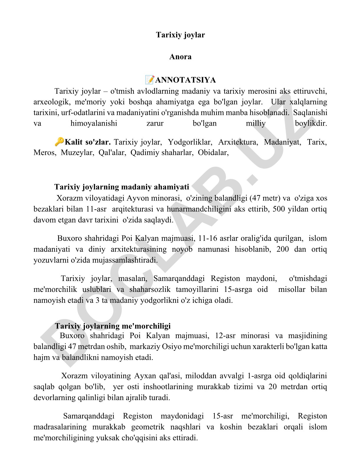 Tarixiy joylar va ularning madaniy ahamiyati