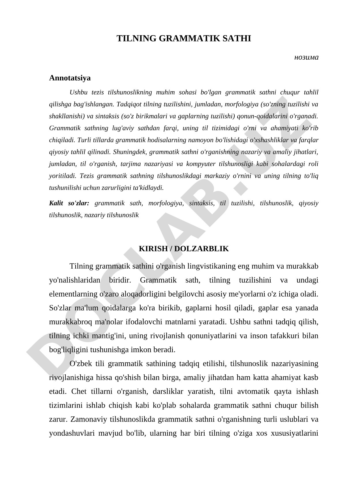 Tilning grammatik sathi tahlili