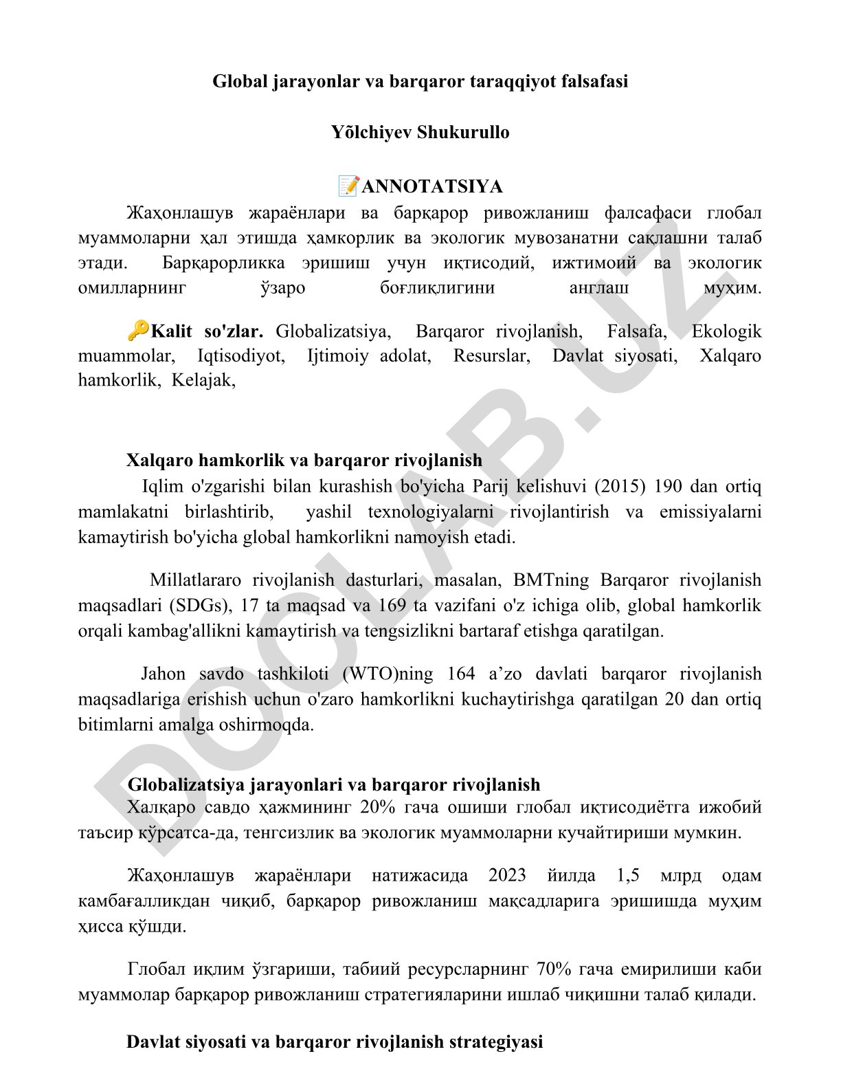 Global jarayonlar va barqaror taraqqiyot falsafasi