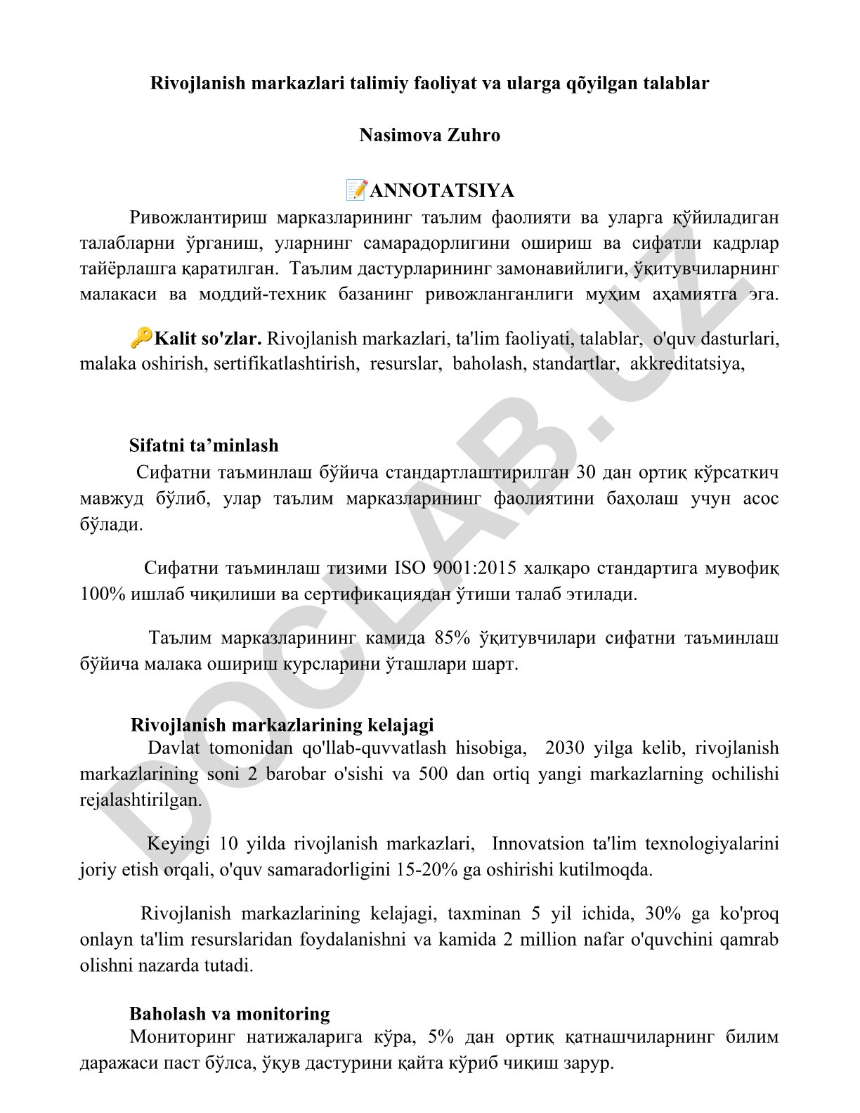 Rivojlanish markazlarining ta'lim faoliyati va ularga qo'yiladigan talablar