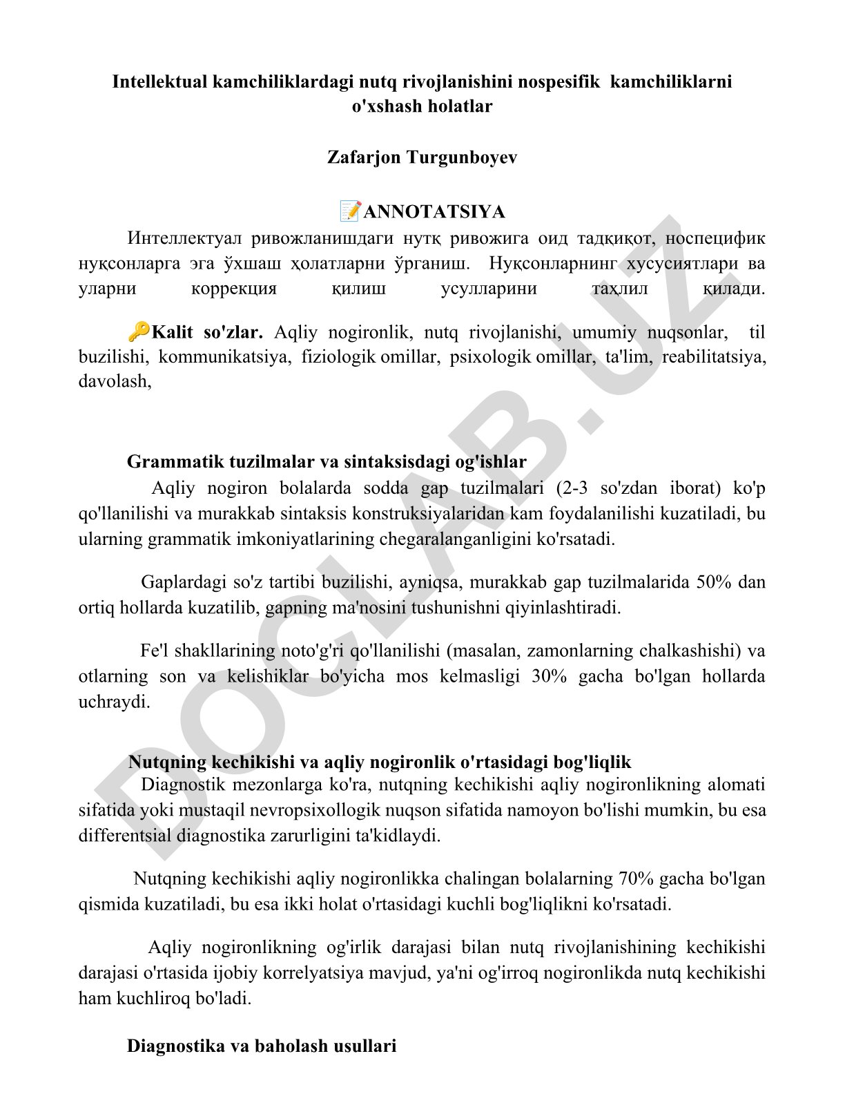 Intellektual kamchiliklardagi nutq rivojlanishi va nospesifik kamchiliklarni o'rganish
