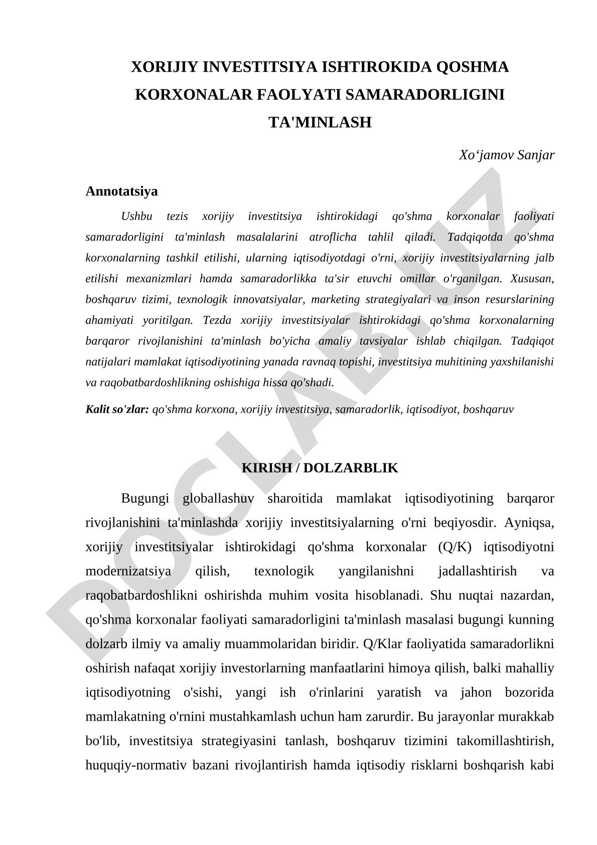 Xorijiy investitsiya ishtirokidagi qo'shma korxonalar faoliyati samaradorligini ta'minlash